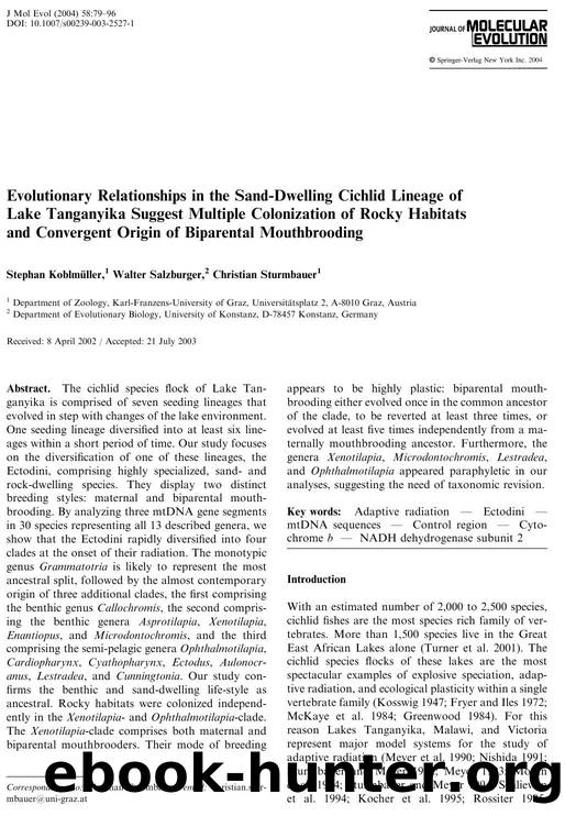 Evolutionary Relationships in th Sand-Dwelling Cichlid Lineage of Lake Tanganyika Suggest Multiple Colonization of Rocky Habitats and Convergent Origin of Biparental Mouthbrooding by Koblmuller S. et al