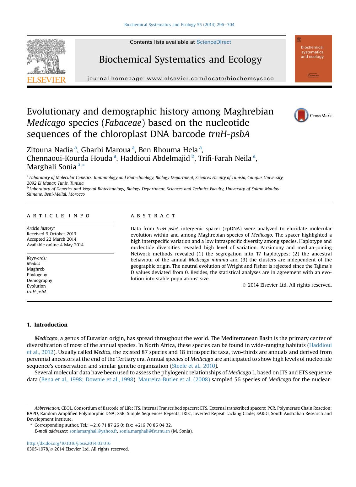 Evolutionary and demographic history among Maghrebian Medicago species (Fabaceae) based on the nucleotide sequences of the chloroplast DNA barcode trnH-psbA by unknow