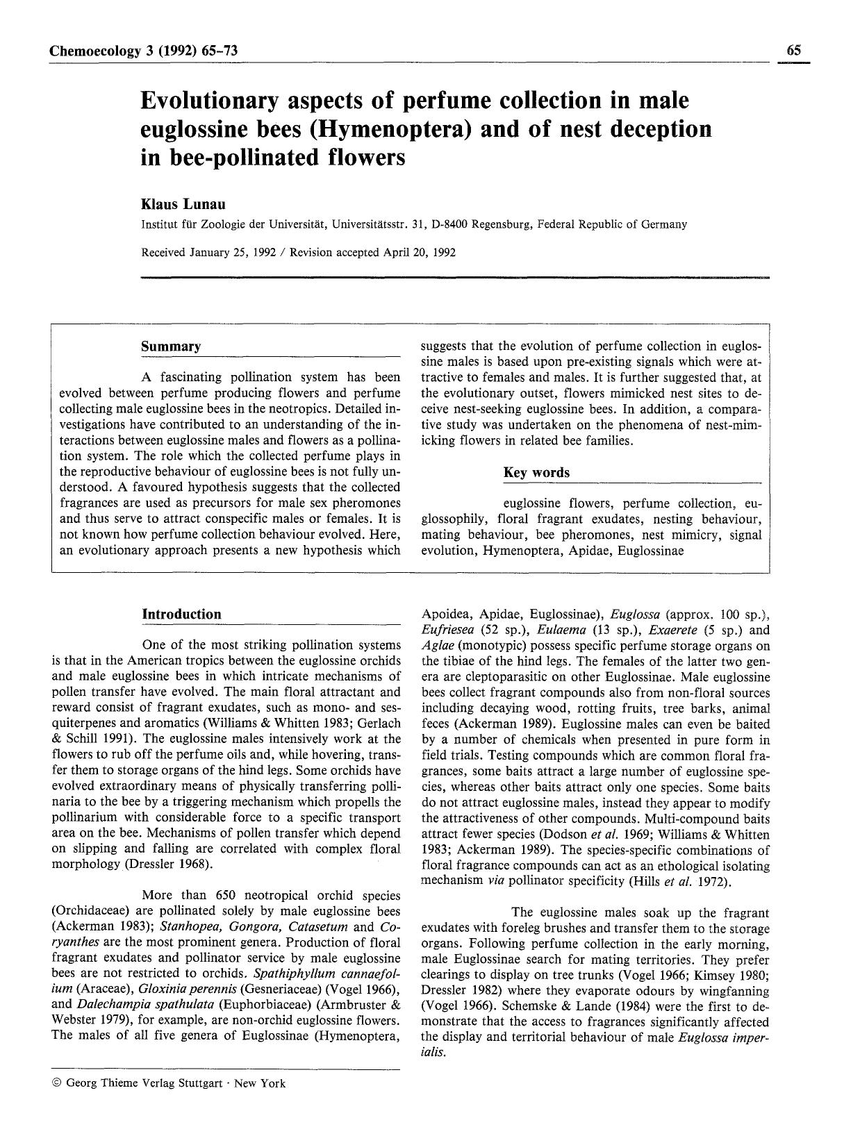 Evolutionary aspects of perfume collection in male euglossine bees (Hymenoptera) and of nest deception in bee-pollinated flowers by Unknown