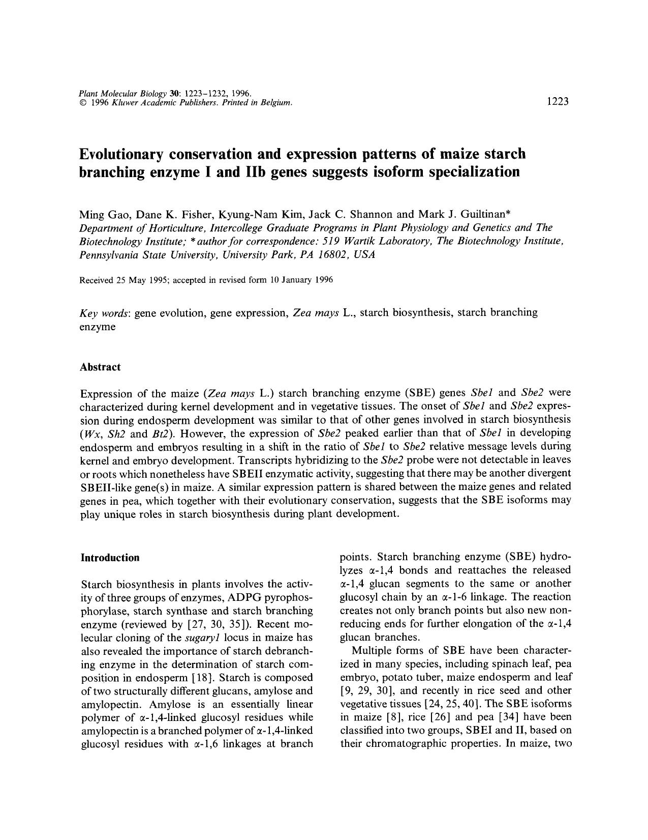Evolutionary conservation and expression patterns of maize starch branching enzyme I and IIb genes suggests isoform specialization by Unknown