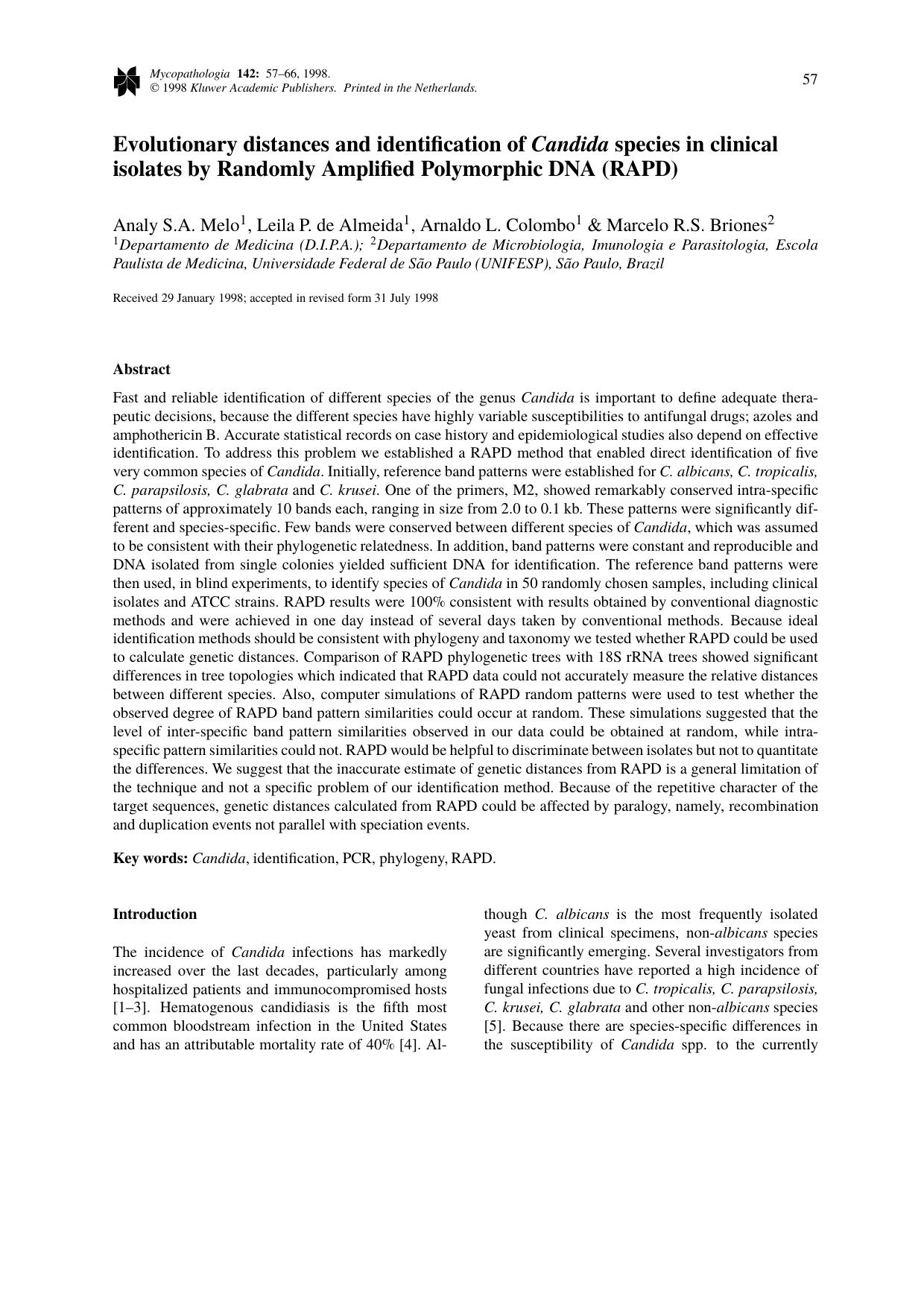 Evolutionary distances and identification of Candida species in clinical isolates by Randomly Amplified Polymorphic DNA (RAPD) by Unknown