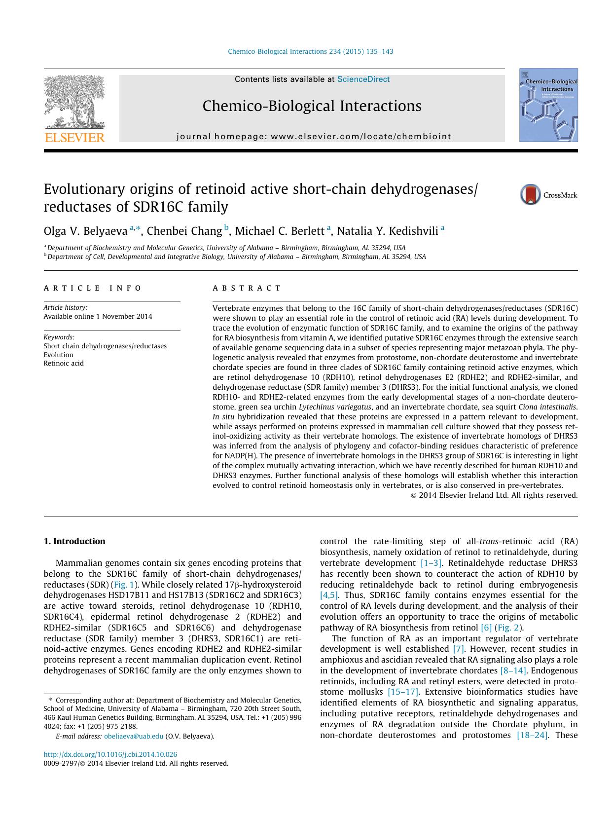 Evolutionary origins of retinoid active short-chain dehydrogenasesreductases of SDR16C family by Olga V. Belyaeva & Chenbei Chang & Michael C. Berlett & Natalia Y. Kedishvili