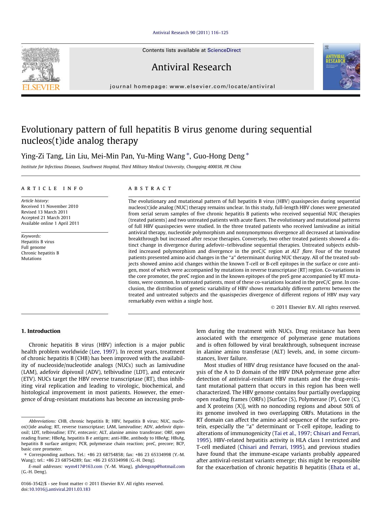 Evolutionary pattern of full hepatitis B virus genome during sequential nucleos(t)ide analog therapy by Ying-Zi Tang & Lin Liu & Mei-Min Pan & Yu-Ming Wang & Guo-Hong Deng
