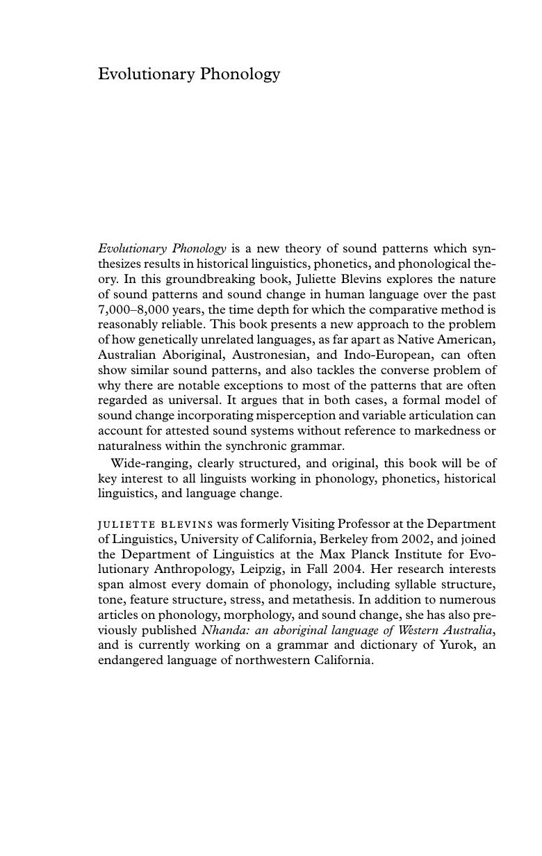 Evolutionary phonology: the emergence of sound patterns by Blevins Juliette
