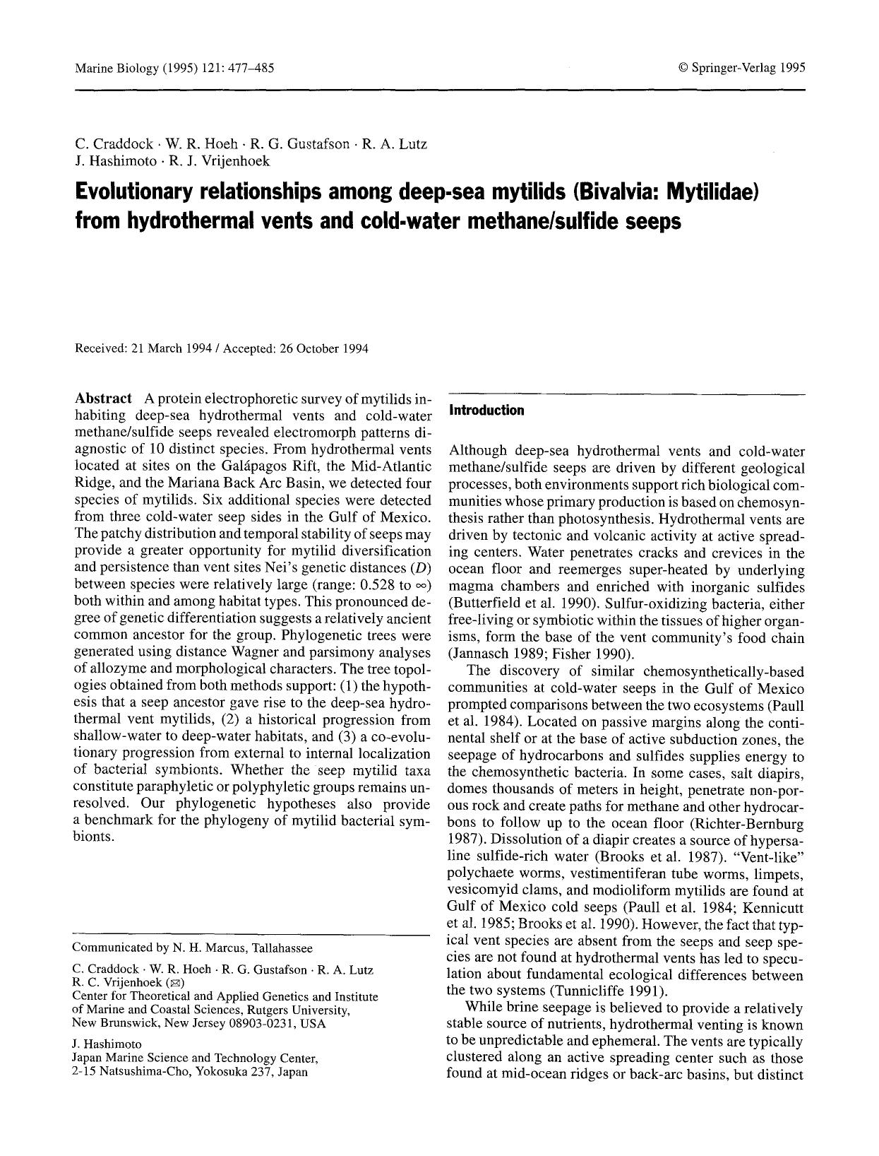 Evolutionary relationships among deep-sea mytilids (Bivalvia: Mytilidae) from hydrothermal vents and cold-water methanesulfide seeps by Unknown