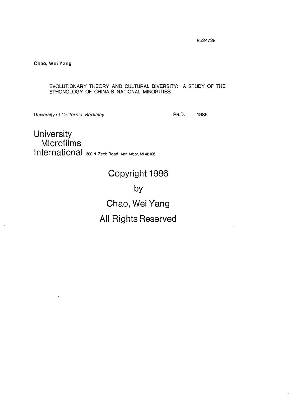 Evolutionary theory and cultural diversity: A Study of the ethnology of China's national minorities by Chao Wei Yang