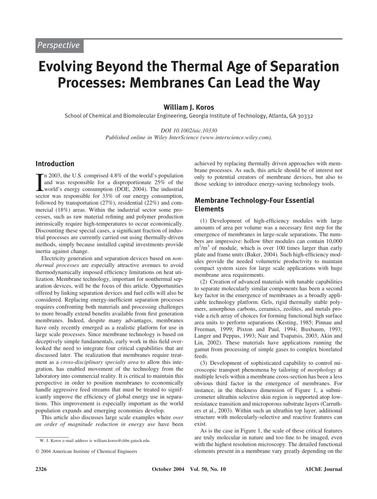 Evolving beyond the thermal age of separation processes: Membranes can lead the way by Unknown