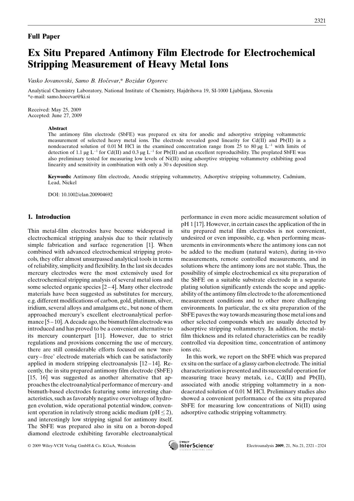 Ex Situ Prepared Antimony Film Electrode for Electrochemical Stripping Measurement of Heavy Metal Ions by Unknown