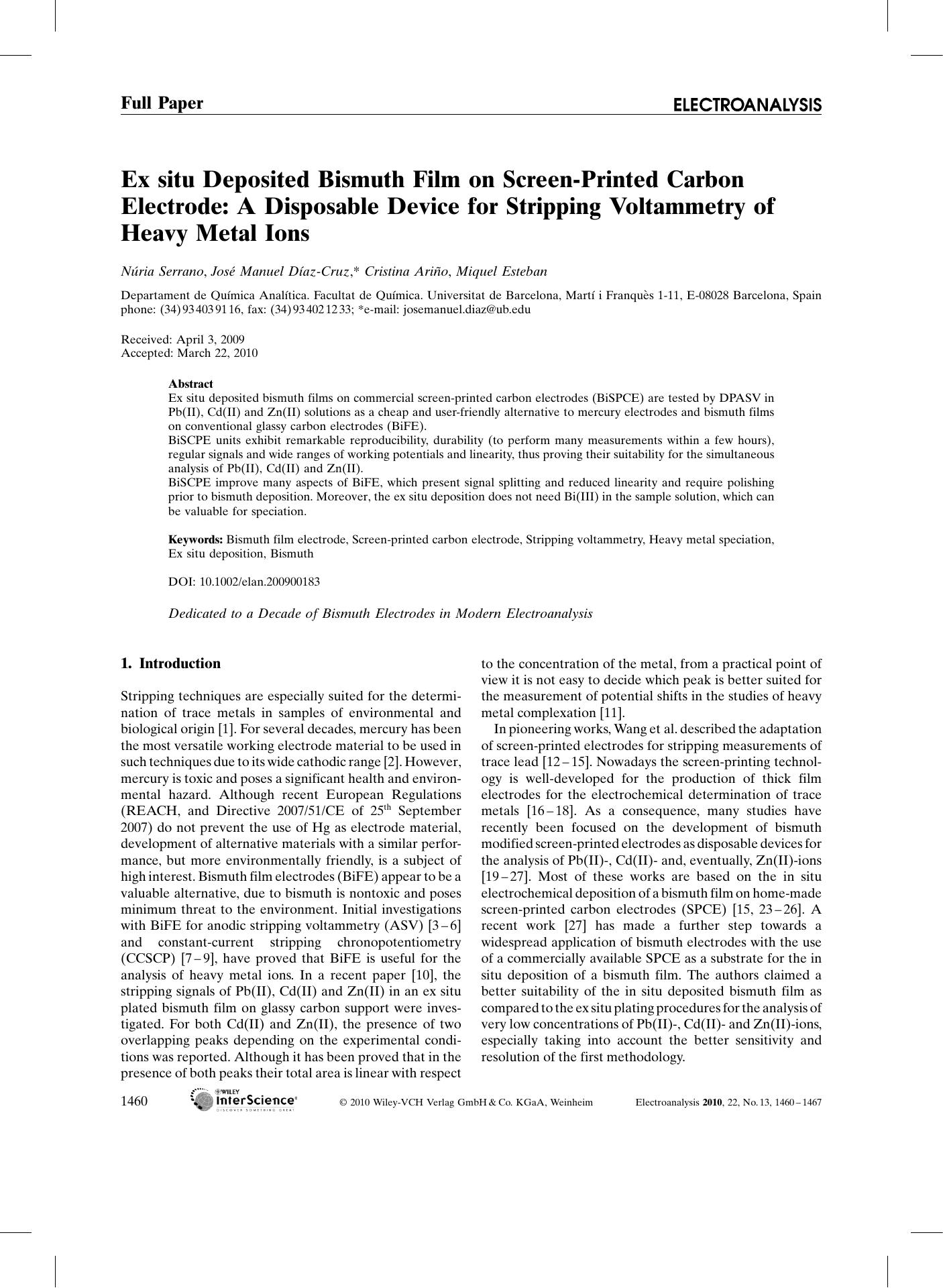 Ex situ Deposited Bismuth Film on ScreenPrinted Carbon Electrode: A Disposable Device for Stripping Voltammetry of Heavy Metal Ions by Unknown