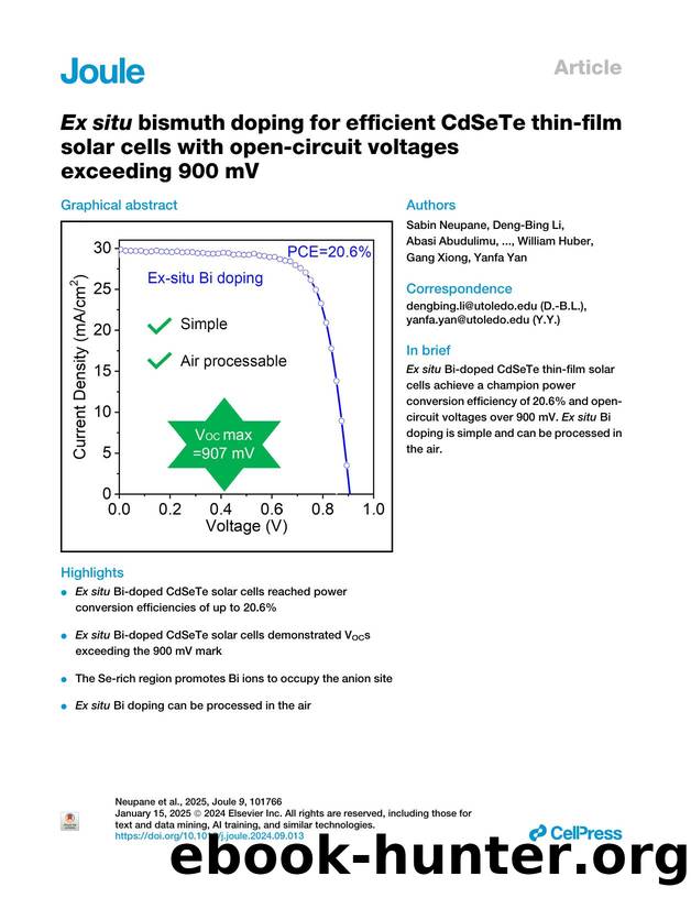 Ex situ bismuth doping for efficient CdSeTe thin-film solar cells with open-circuit voltages exceeding 900&nbsp;mV by Sabin Neupane