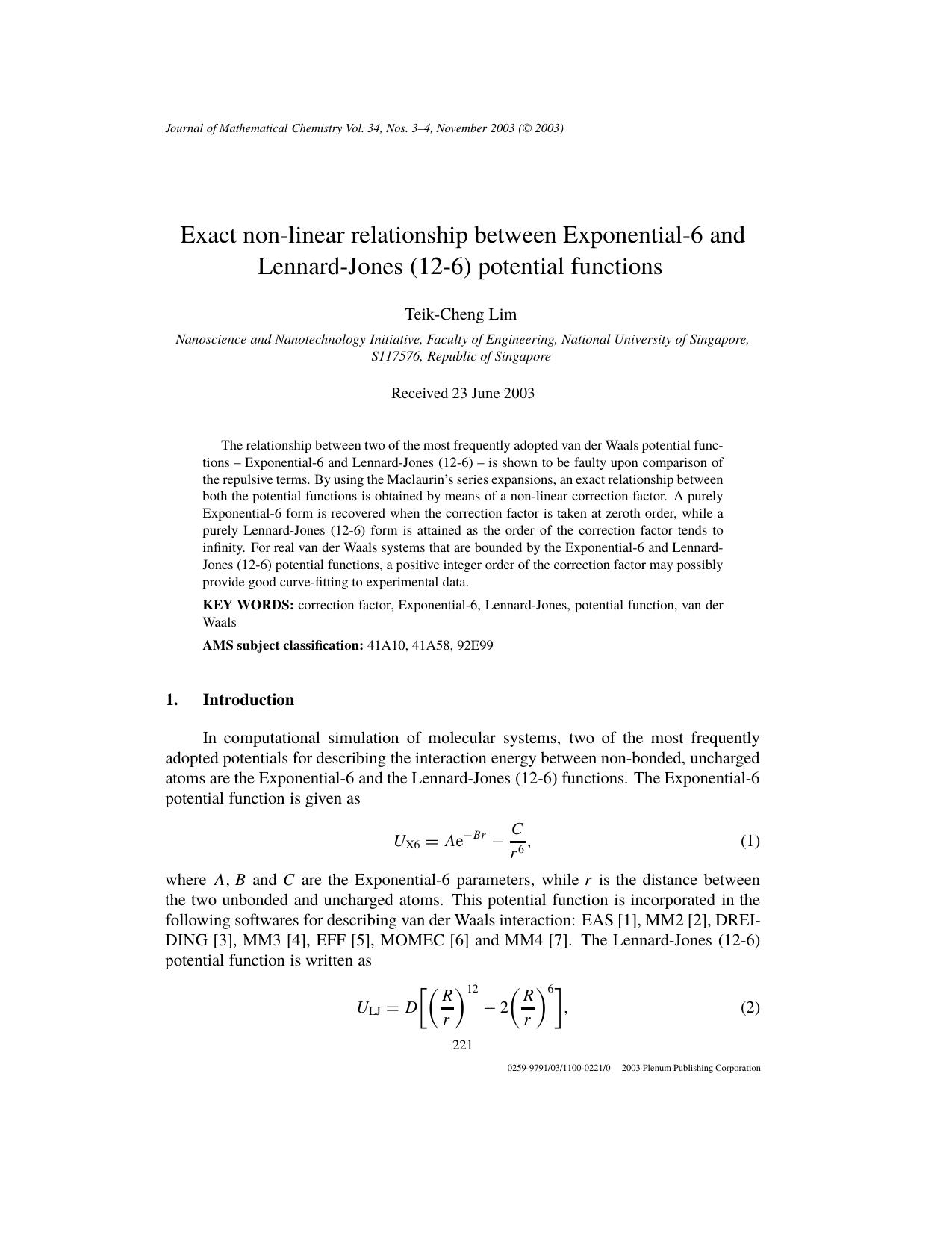Exact Non-Linear Relationship Between Exponential-6 and Lennard-Jones (12-6) Potential Functions by Unknown