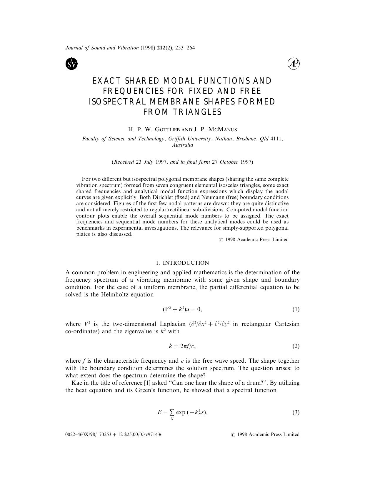 Exact Shared Modal Functions and Frequencies for Fixed and Free Isospectral Membrane Shapes Formed From Triangles by Gottlieb H. P. W. & McManus J. P