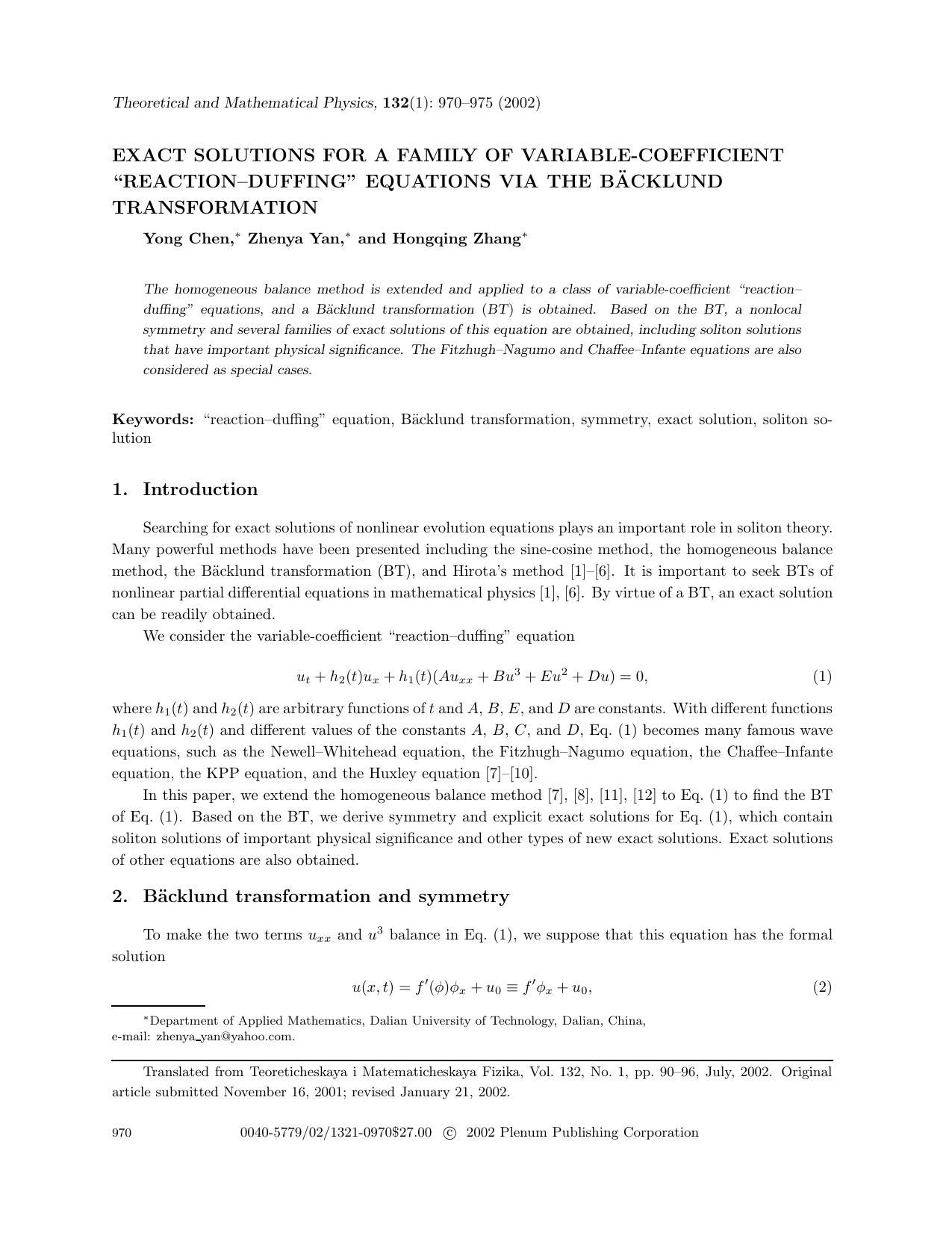 Exact Solutions for a Family of Variable-Coefficient “Reaction–Duffing” Equations via the Bäcklund Transformation by Unknown