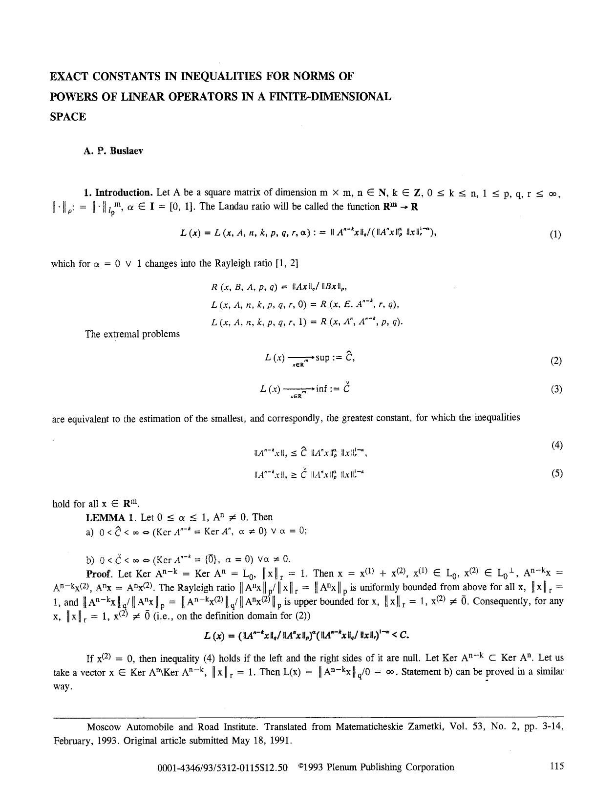 Exact constants in inequalities for norms of powers of linear operators in a finite-dimensional space by Unknown