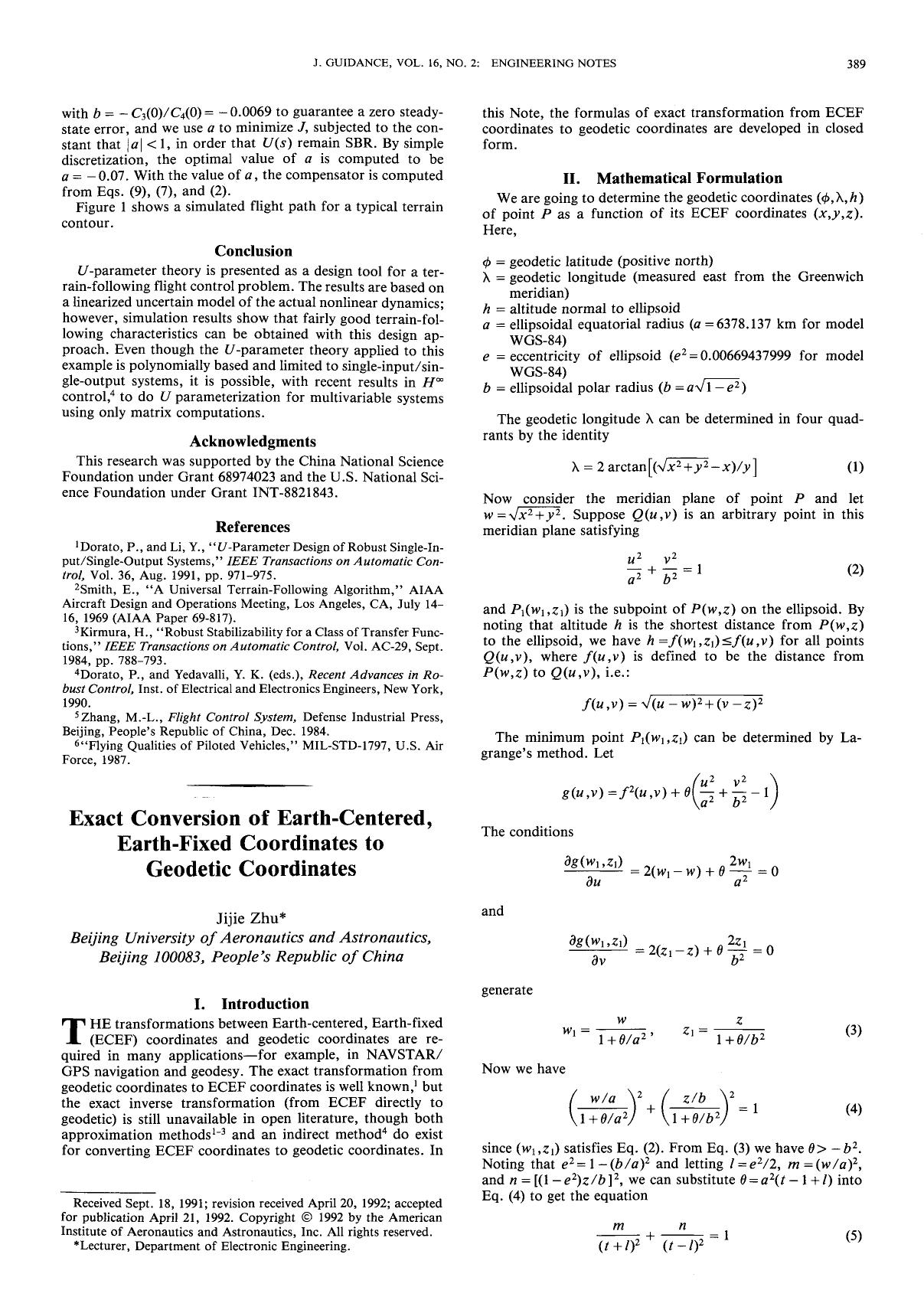 Exact conversion of earth-centered, earth-fixed coordinates to geodetic coordinates by Unknown