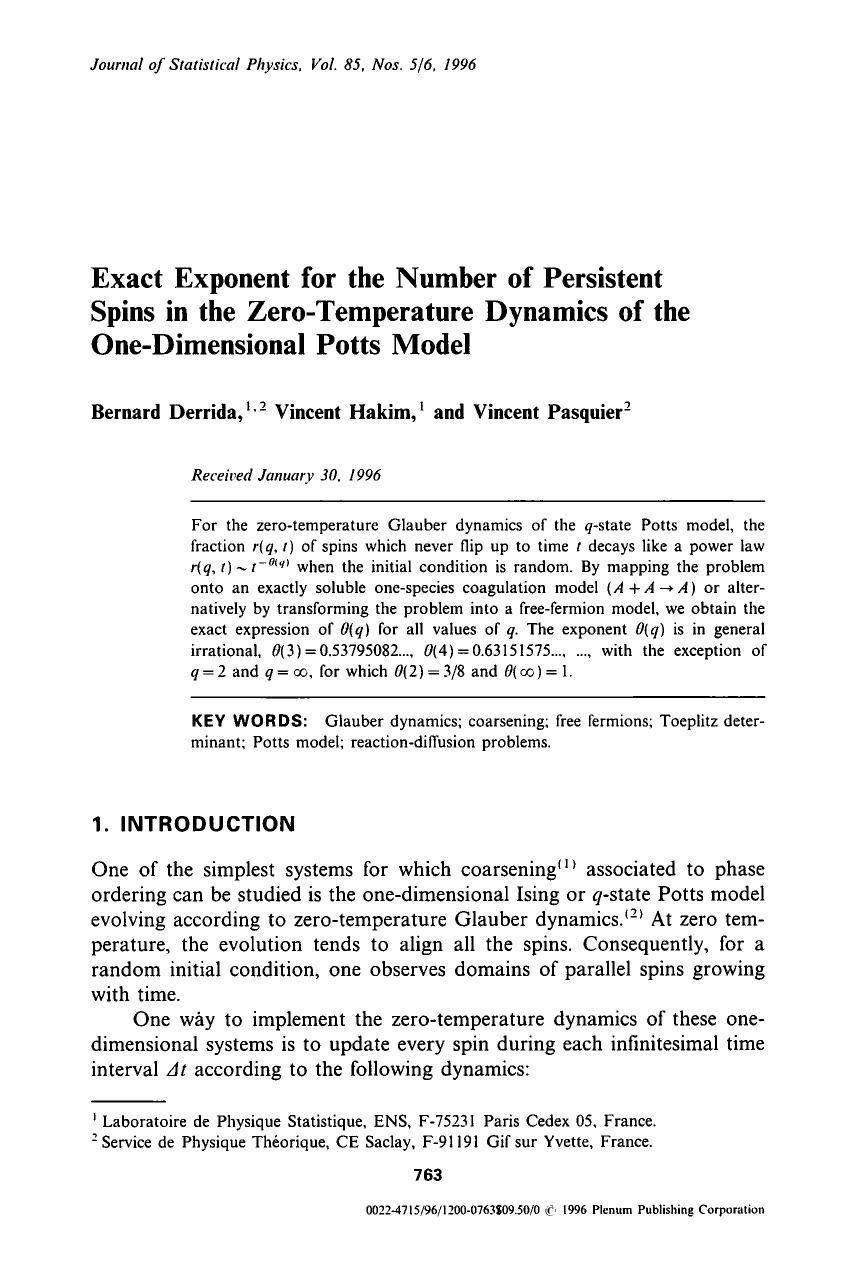 Exact exponent for the number of persistent spins in the zero-temperature dynamics of the one-dimensional Potts model by Unknown