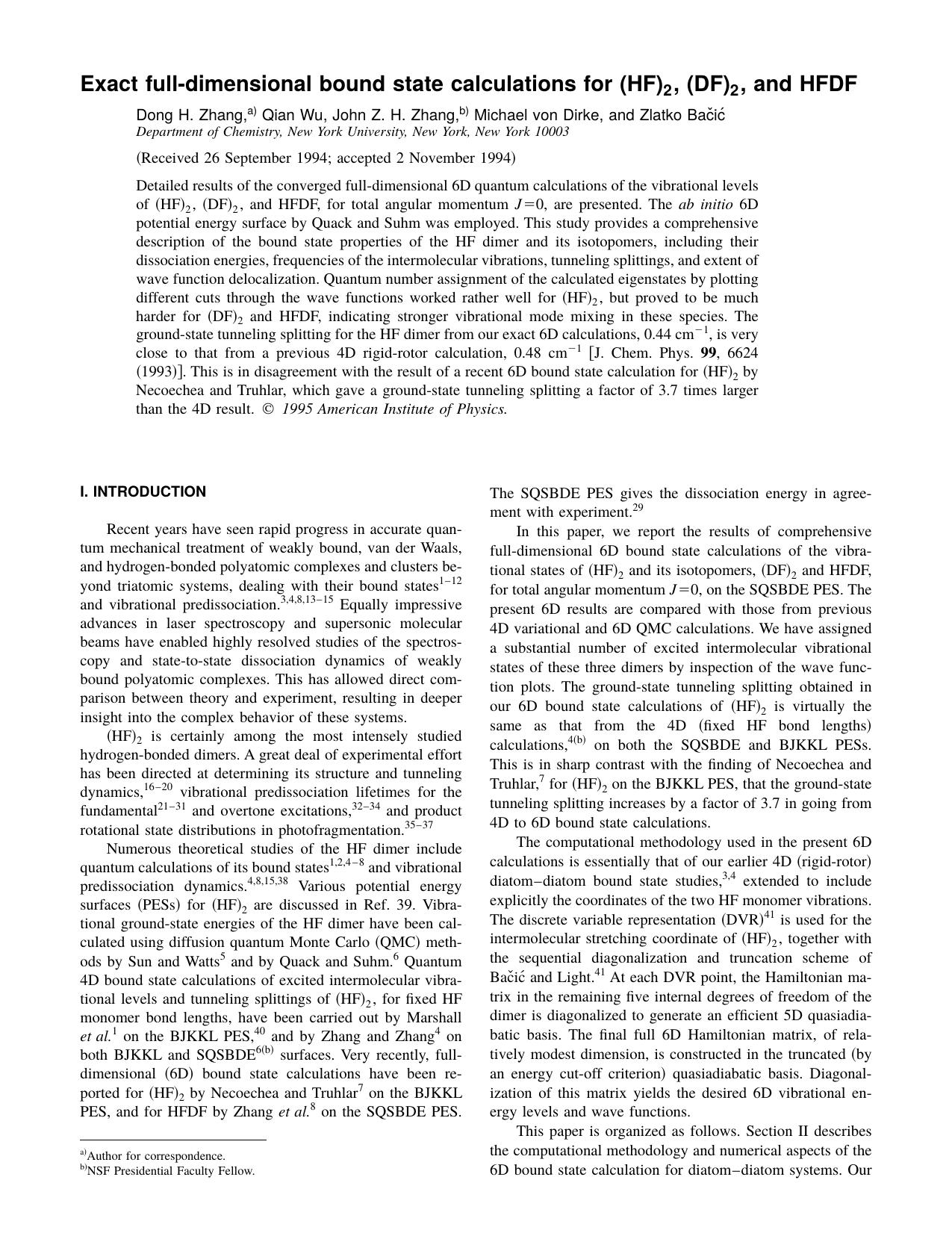 Exact full-dimensional bound state calculations for [HF]2, [DF]2, and HFDF by Dong H. Zhang & Qian Wu & John Z. H. Zhang & Michael