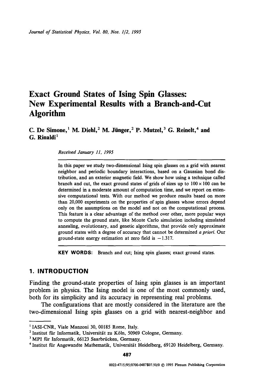 Exact ground states of Ising spin glasses: New experimental results with a branch-and-cut algorithm by Unknown