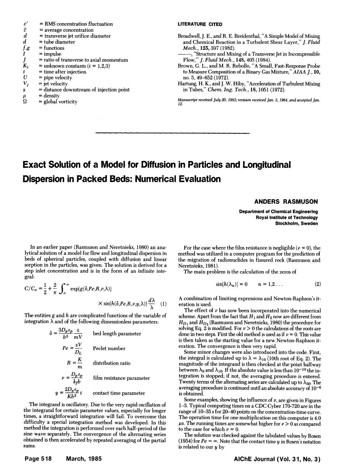 Exact solution of a model for diffusion in particles and longitudinal dispersion in packed beds: Numerical evaluation by Unknown