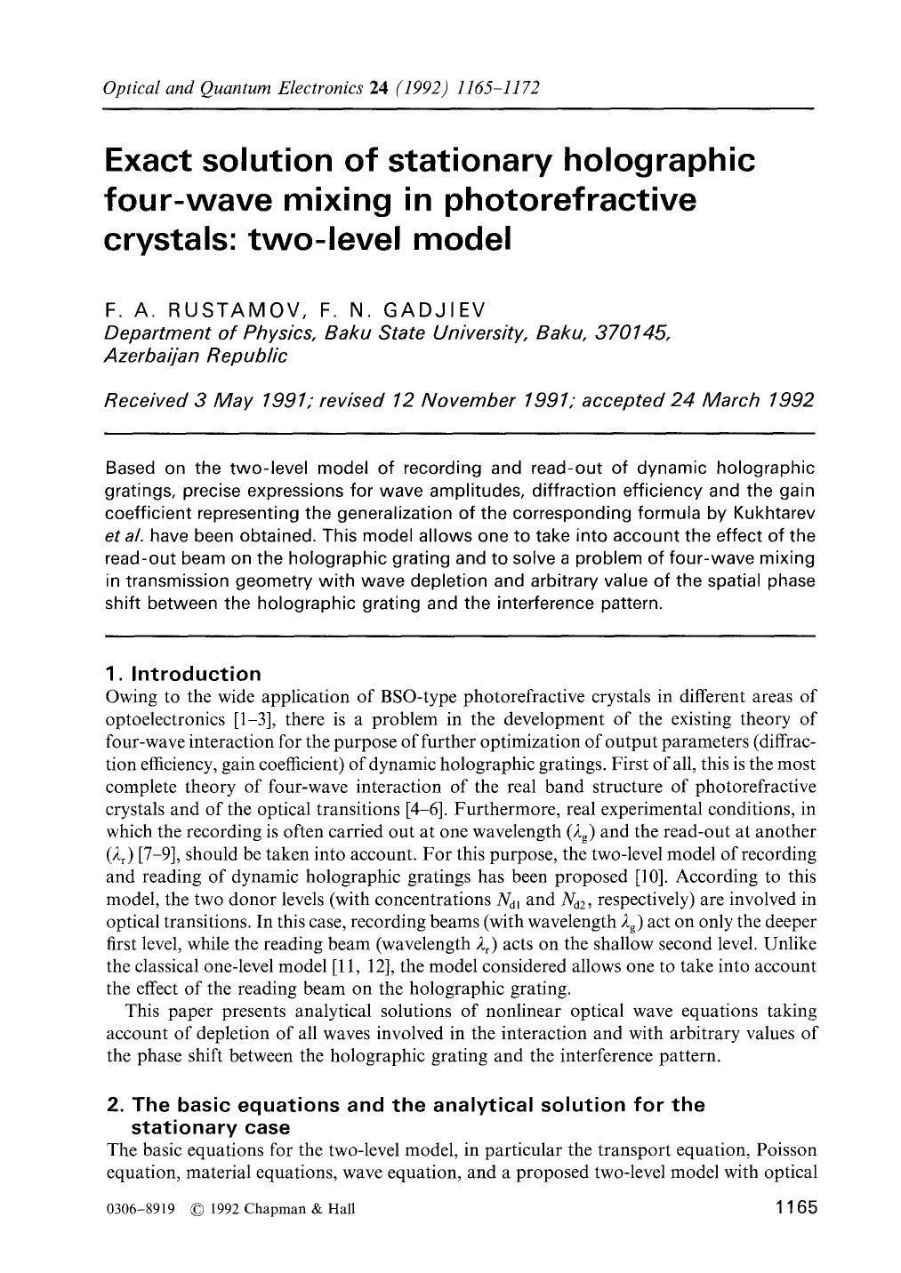 Exact solution of stationary holographic four-wave mixing in photorefractive crystals: two-level model by Unknown