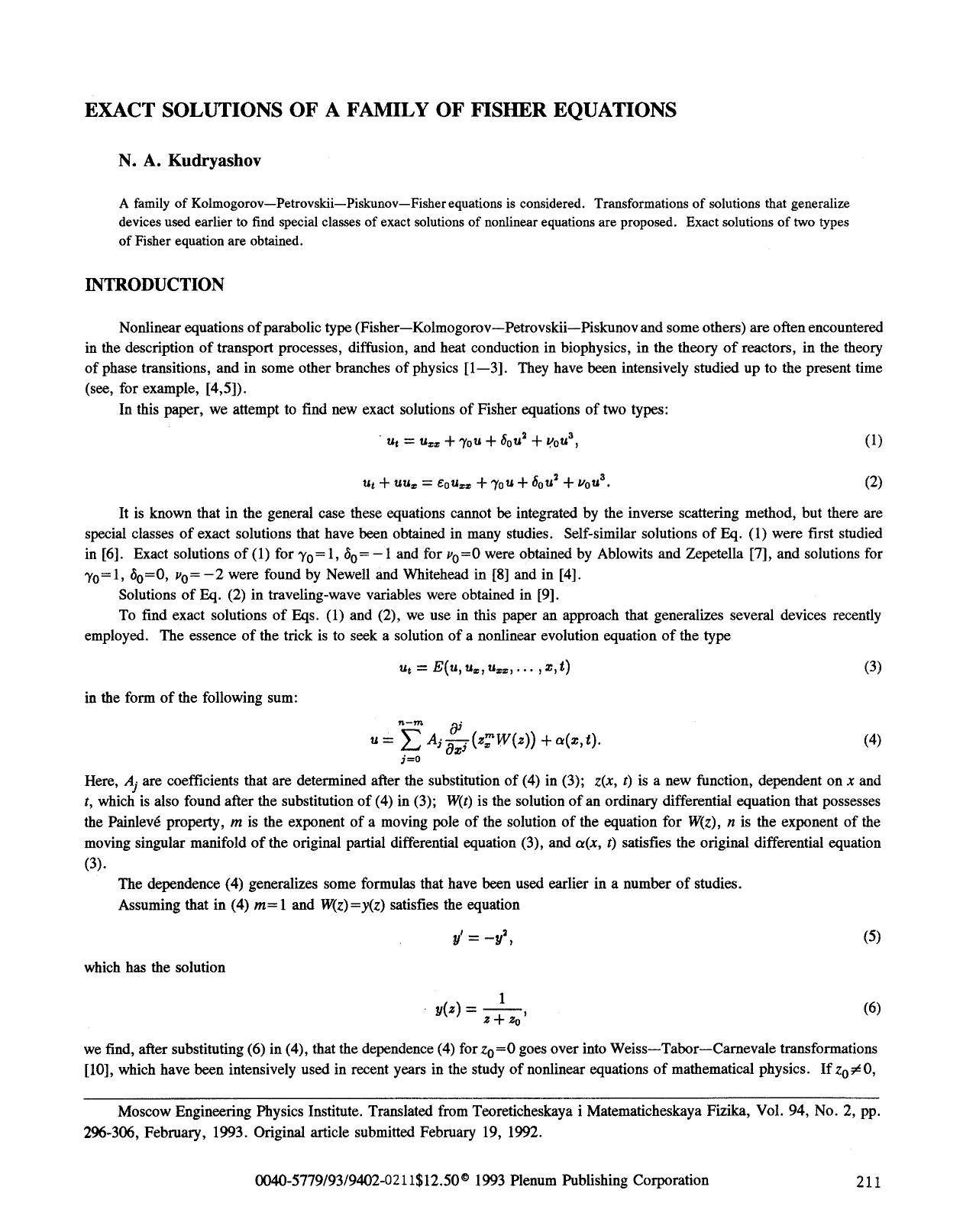 Exact solutions of a family of Fisher equations by Unknown