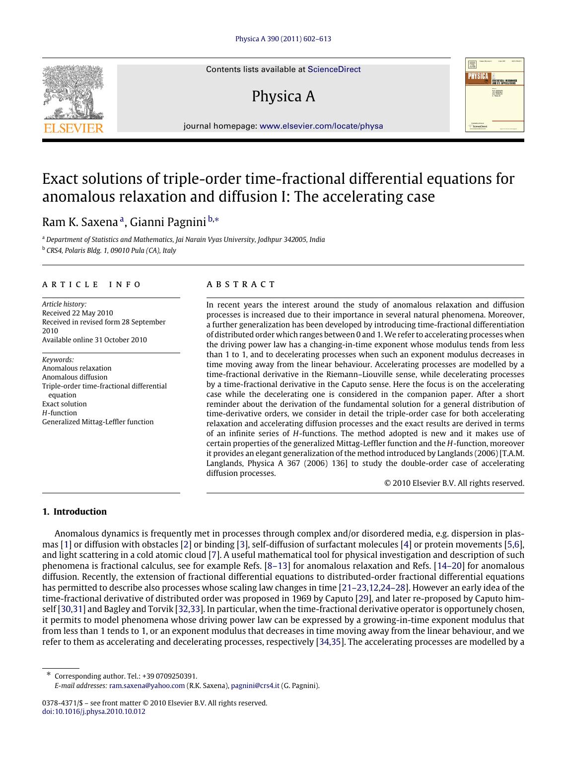 Exact solutions of triple-order time-fractional differential equations for anomalous relaxation and diffusion I: The accelerating case by Ram K. Saxena & Gianni Pagnini