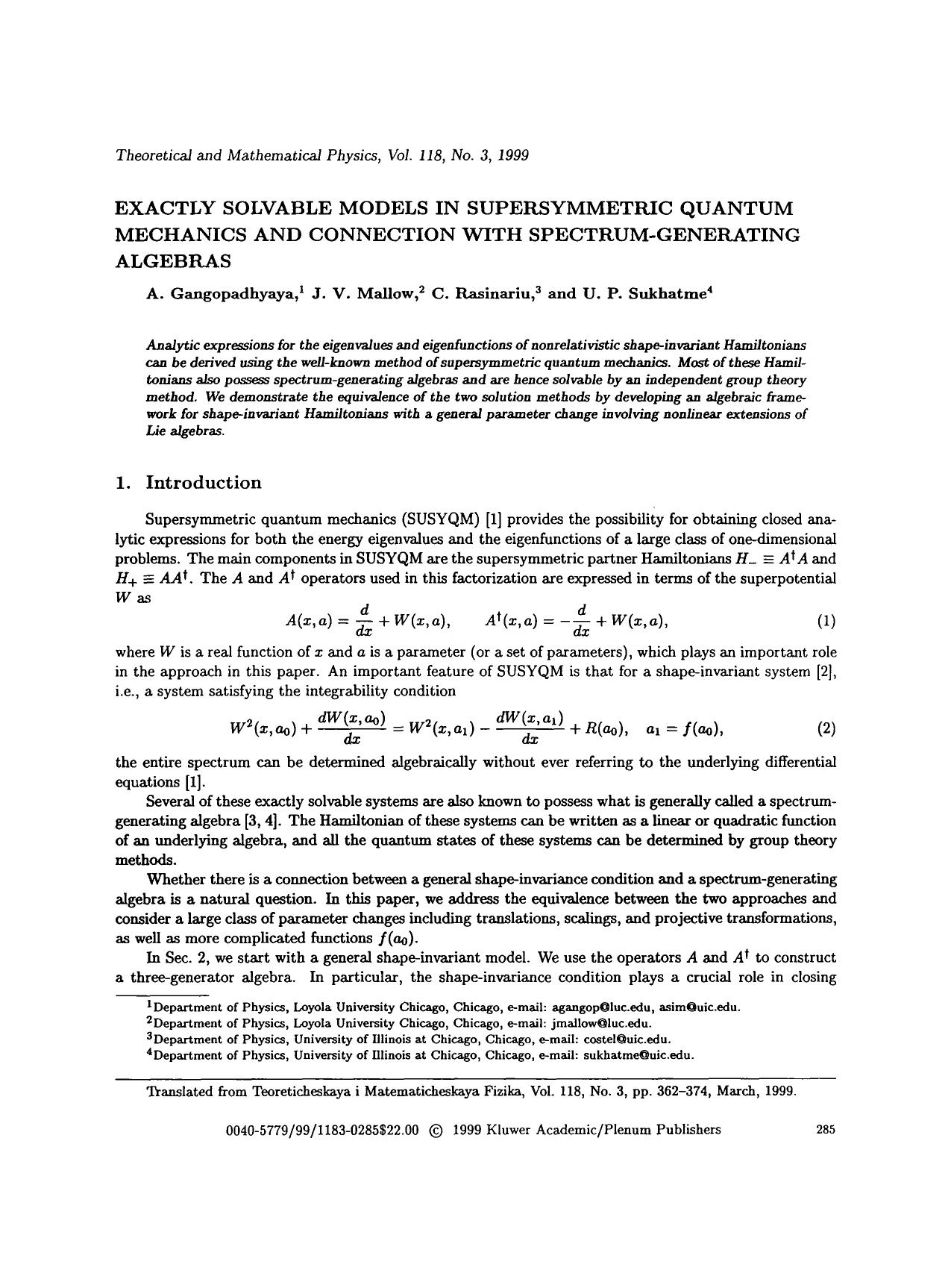 Exactly solvable models in supersymmetric quantum mechanics and connection with spectrum-generating algebras by Unknown