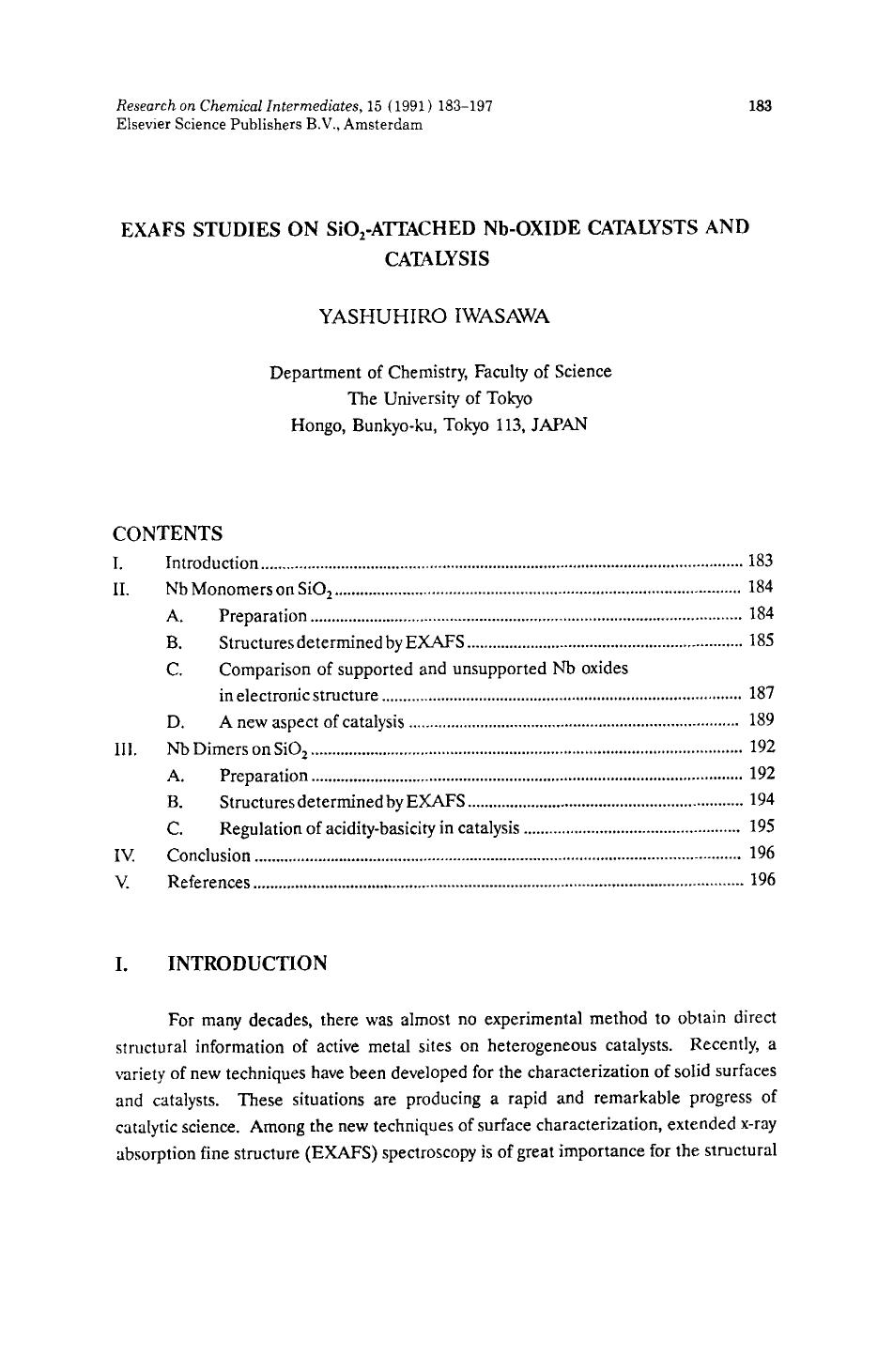 Exafs studies on SiO <Subscript>2 <Subscript>-attached Nb-oxide catalysts and catalysis by Unknown