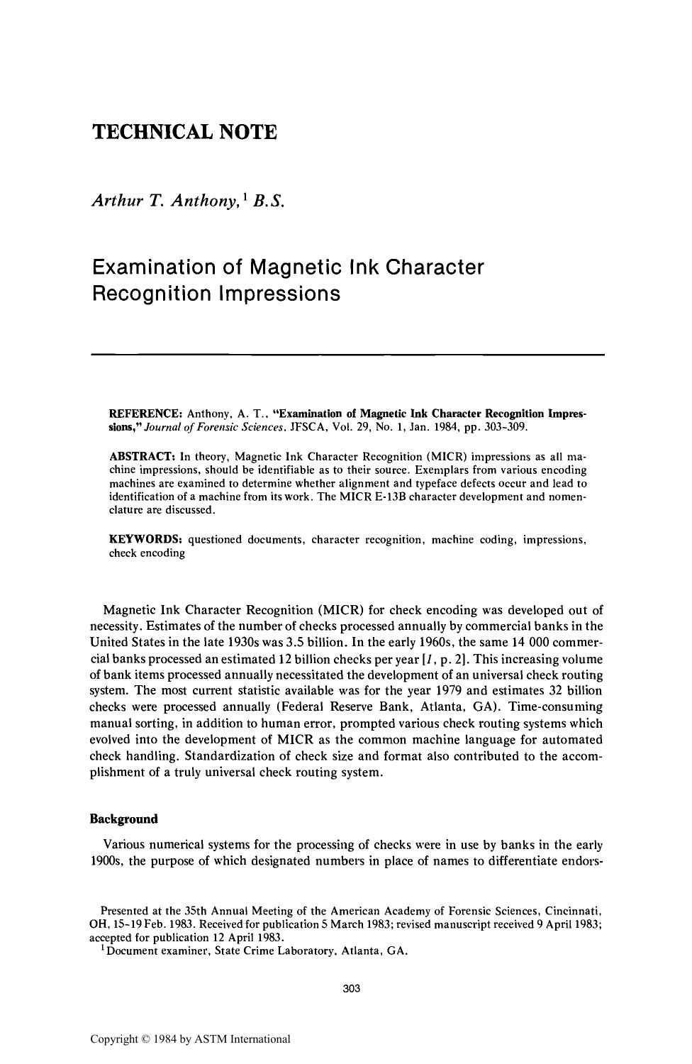 Examination of Magnetic Ink Character Recognition Impressions by Anthony AT