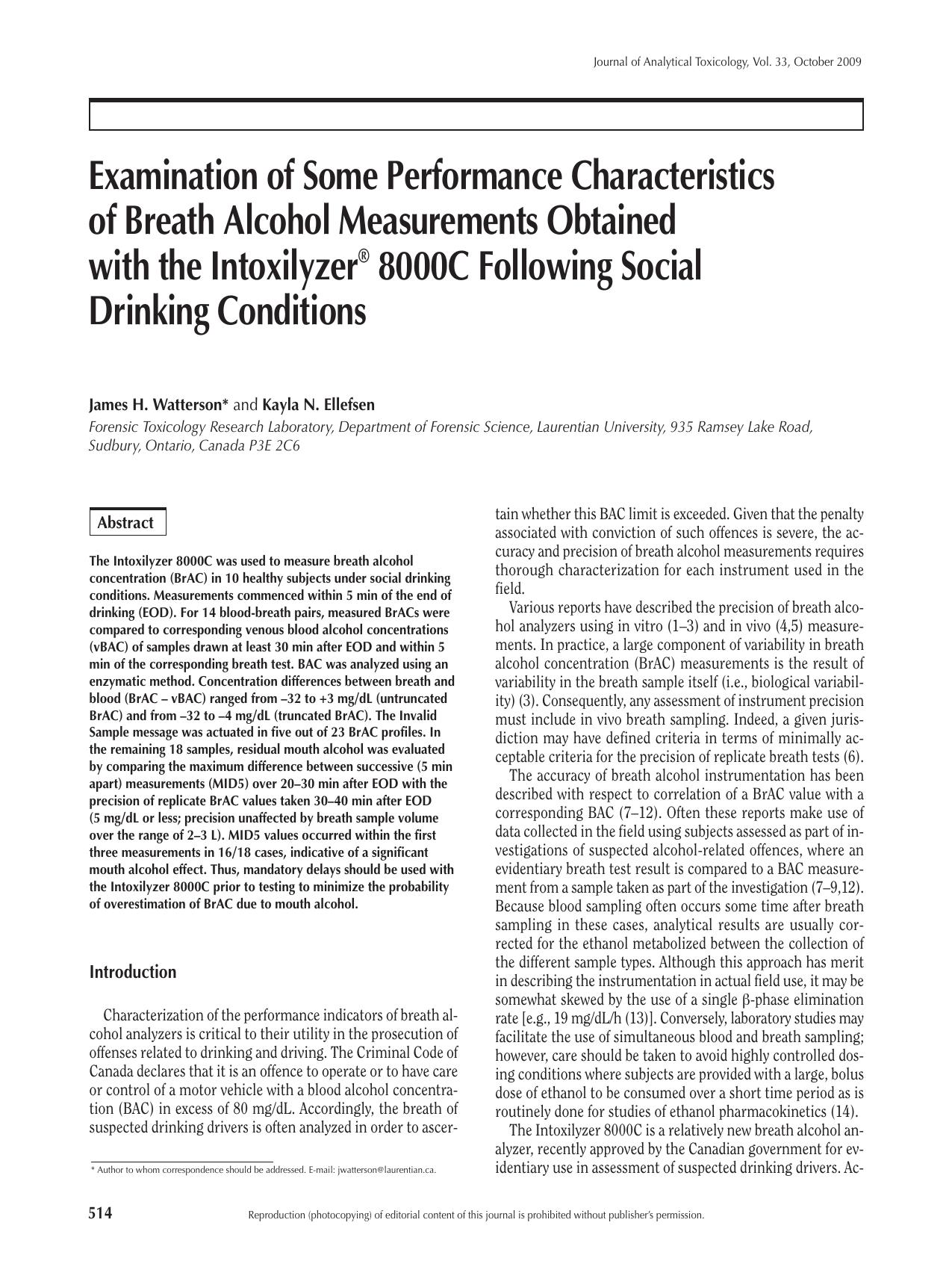 Examination of Some Performance Characteristics of Breath Alcoh by James H. Watterson