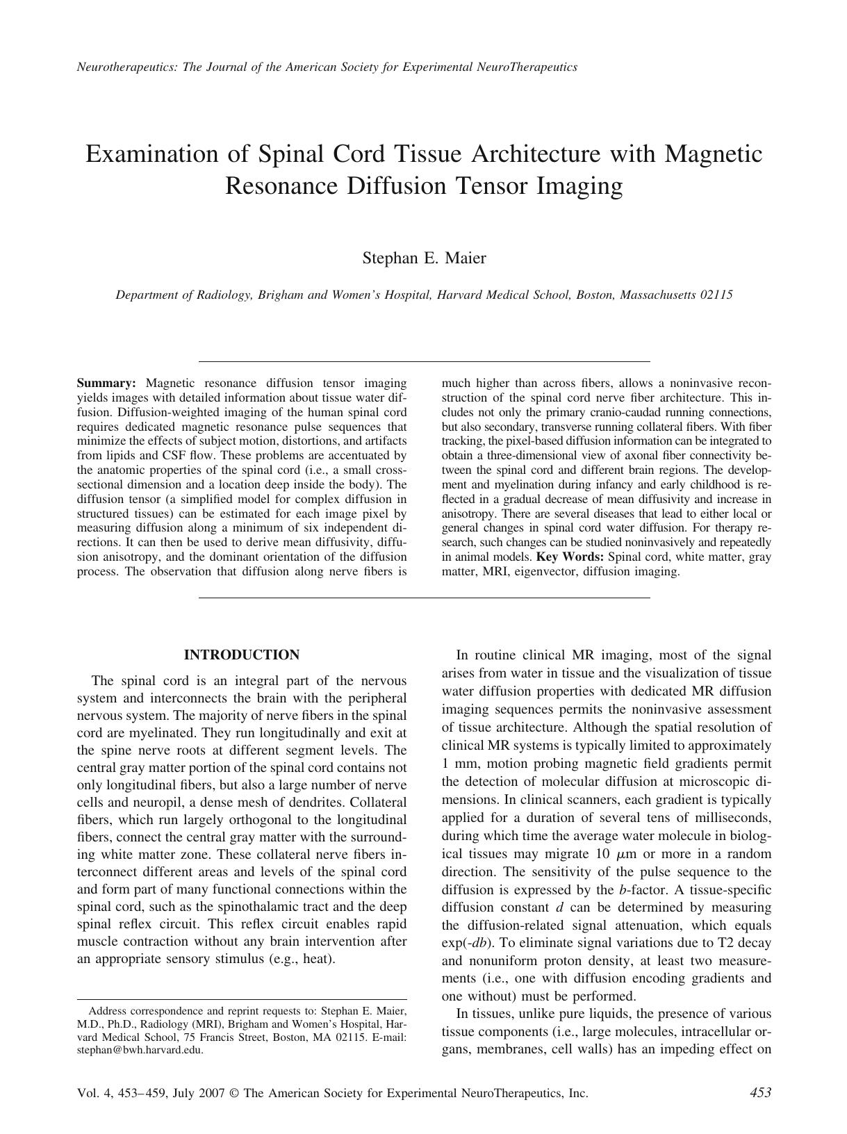 Examination of spinal cord tissue architecture with magnetic resonance diffusion tensor imaging by Unknown