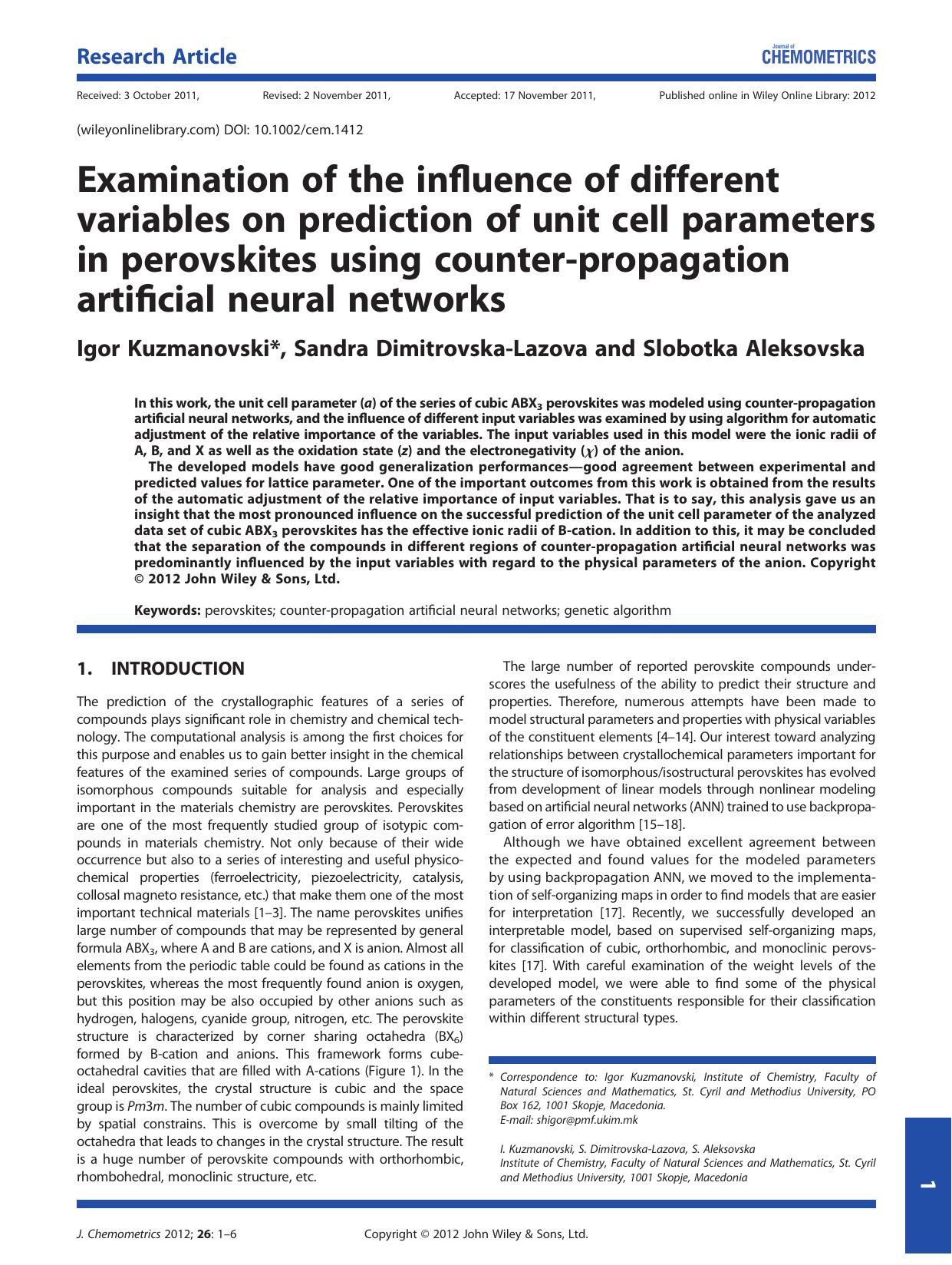 Examination of the influence of different variables on prediction of unit cell parameters in perovskites using counterpropagation artificial neural networks by Unknown