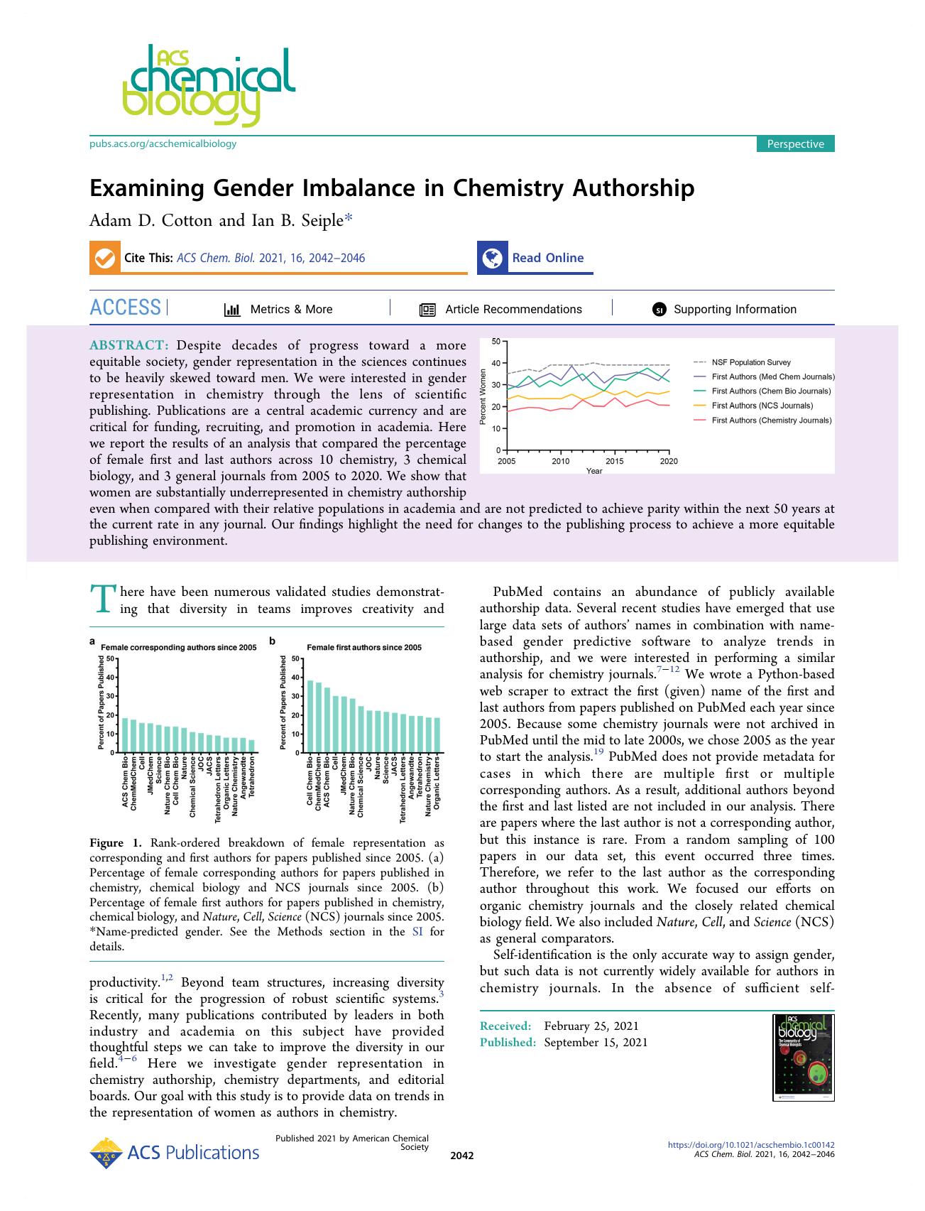 Examining Gender Imbalance in Chemistry Authorship by Adam D. Cotton and Ian B. Seiple