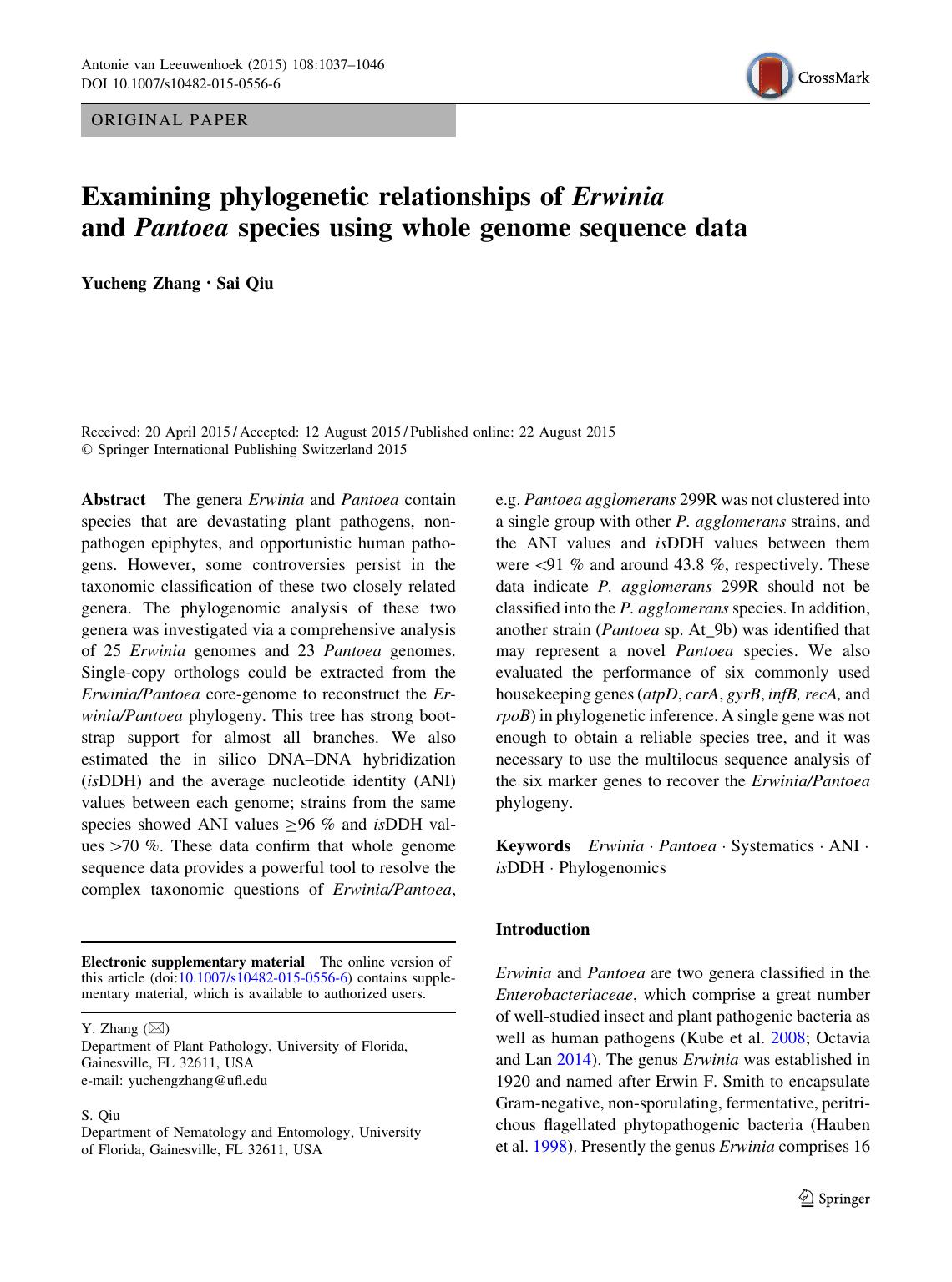 Examining phylogenetic relationships of Erwinia and Pantoea species using whole genome sequence data by Yucheng Zhang & Sai Qiu