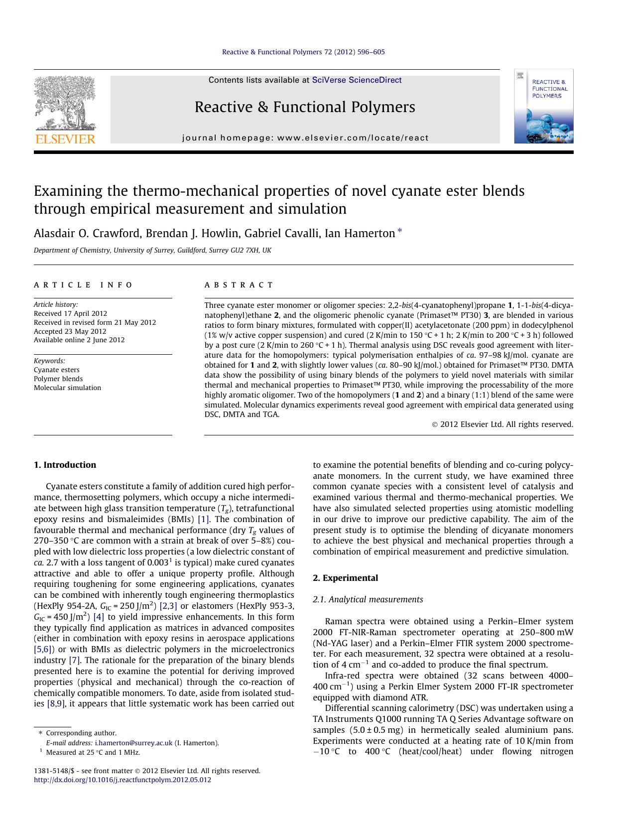 Examining the thermo-mechanical properties of novel cyanate ester blends through empirical measurement and simulation by Alasdair O. Crawford & Brendan J. Howlin & Gabriel Cavalli & Ian Hamerton