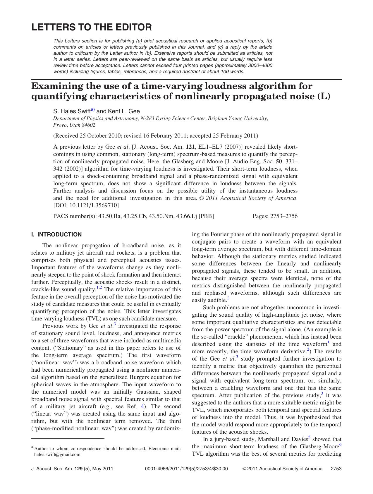 Examining the use of a time-varying loudness algorithm for quantifying characteristics of nonlinearly propagated noise (L) by S. Hales Swift and Kent L. Gee