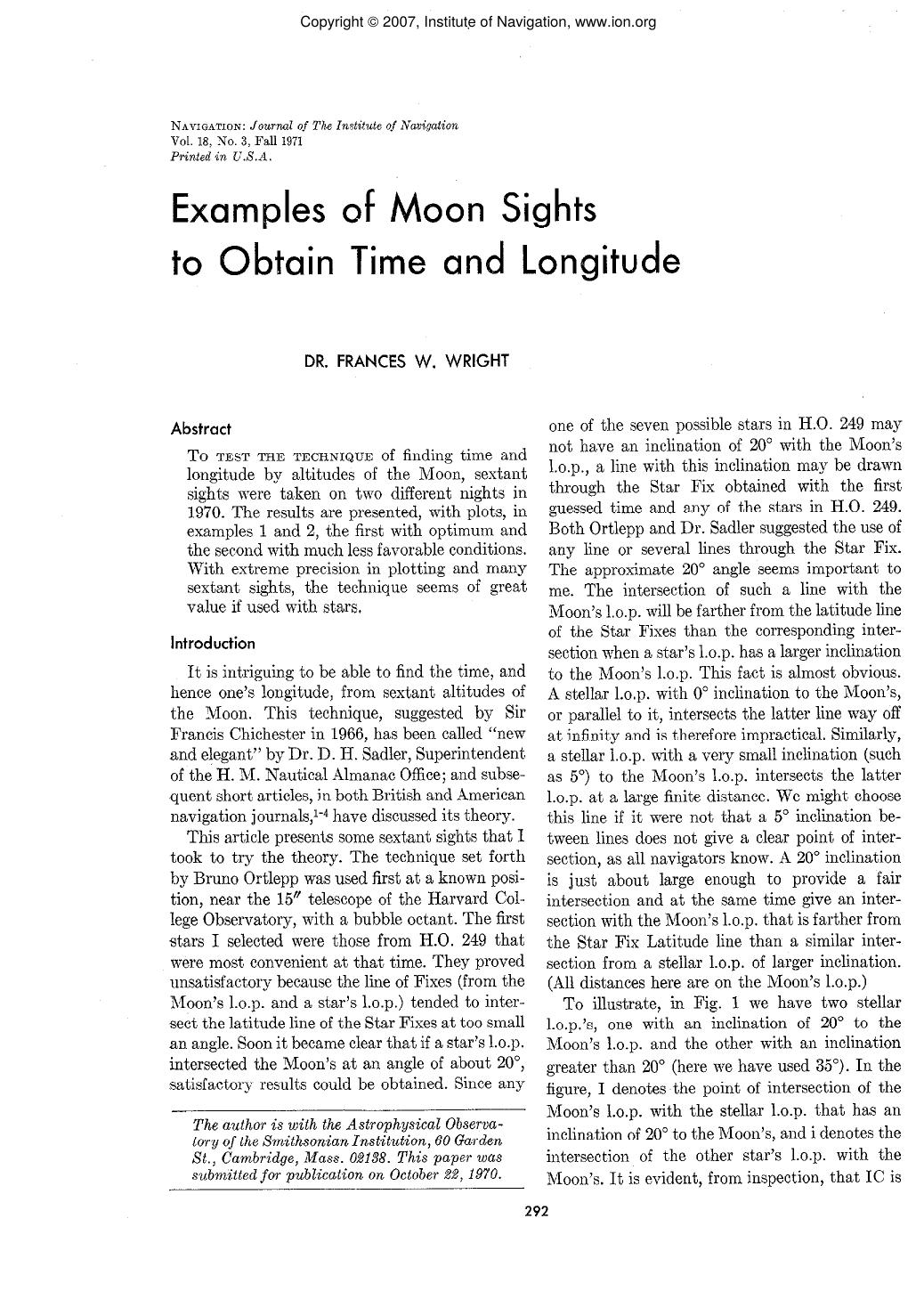 Examples of Moon Sights to Obtain Time and Longitude by DR. FRANCES W. WRIGHT
