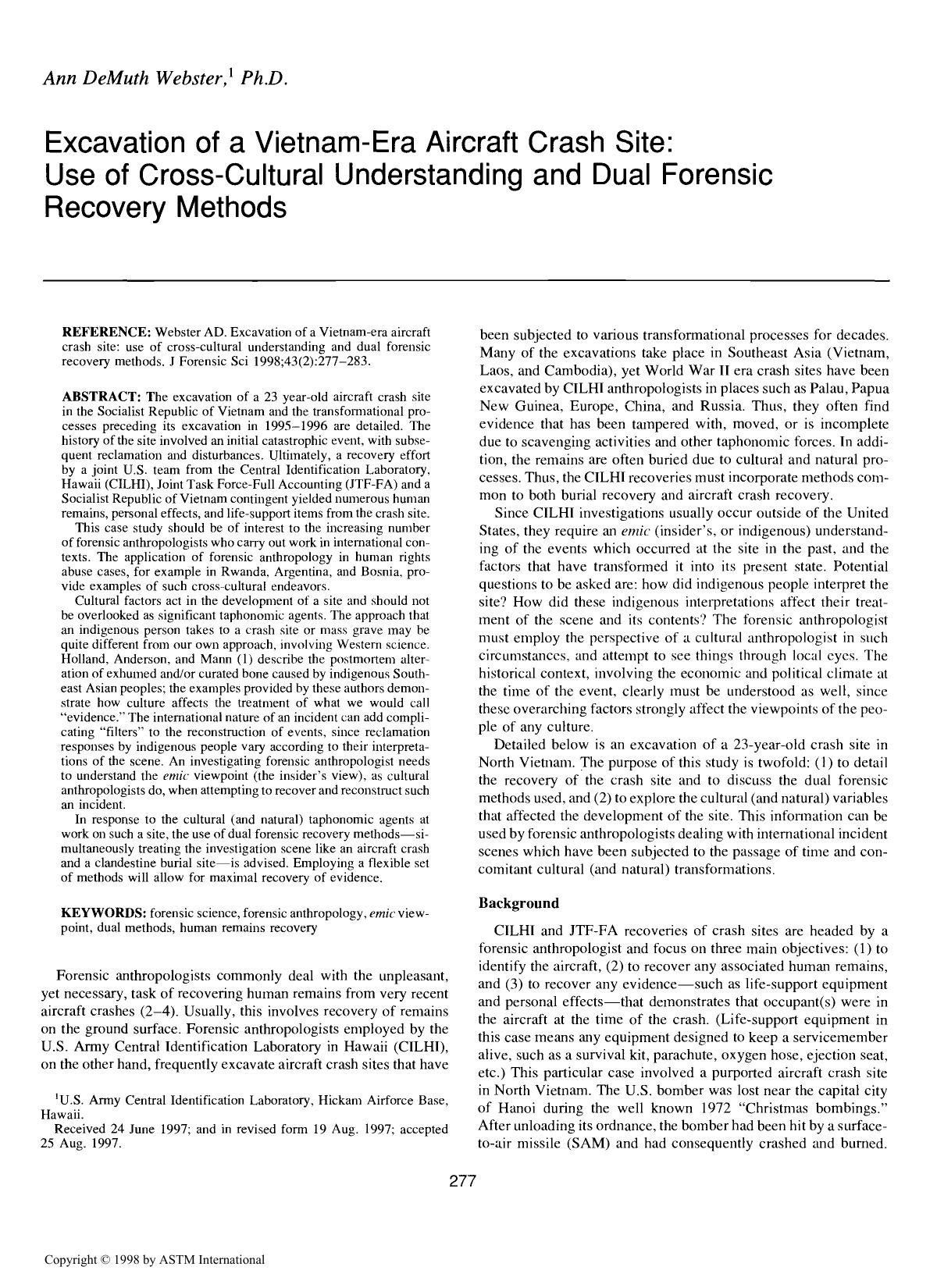 Excavation of a Vietnam-era aircraft crash site: use of cross-cultural understanding and dual forensic recovery methods by Webster AD
