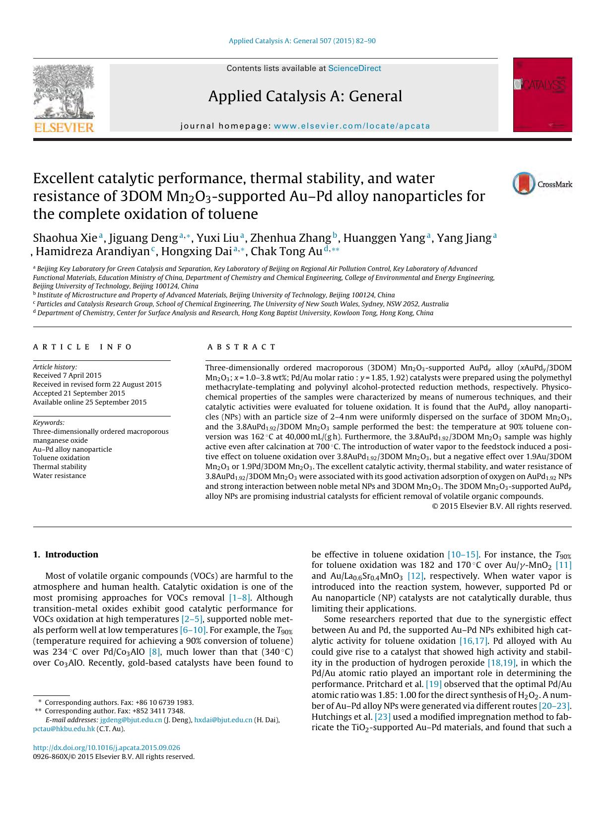 Excellent catalytic performance, thermal stability, and water resistance of 3DOM Mn2O3-supported AuâPd alloy nanoparticles for the complete oxidation of toluene by unknow