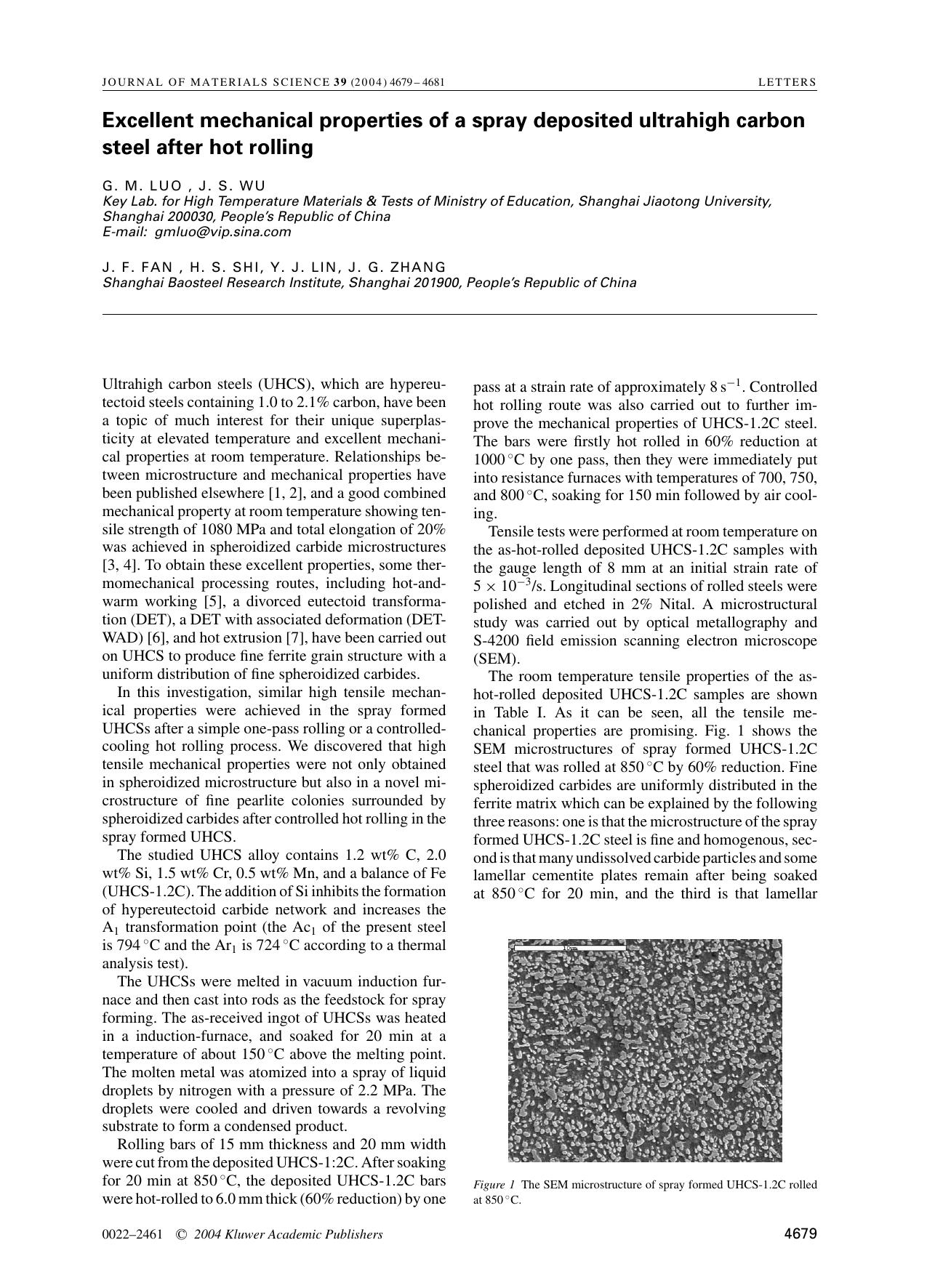 Excellent mechanical properties of a spray deposited ultrahigh carbon steel after hot rolling by Unknown
