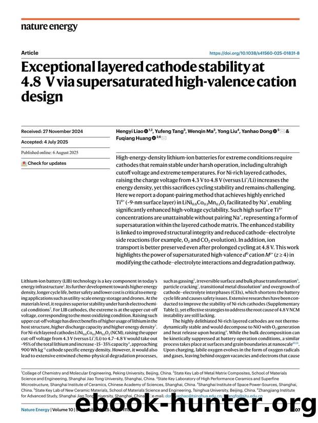 Exceptional layered cathode stability at 4.8âV via supersaturated high-valence cation design by Hengyi Liao & Yufeng Tang & Wenqin Ma & Yong Liu & Yanhao Dong & Fuqiang Huang