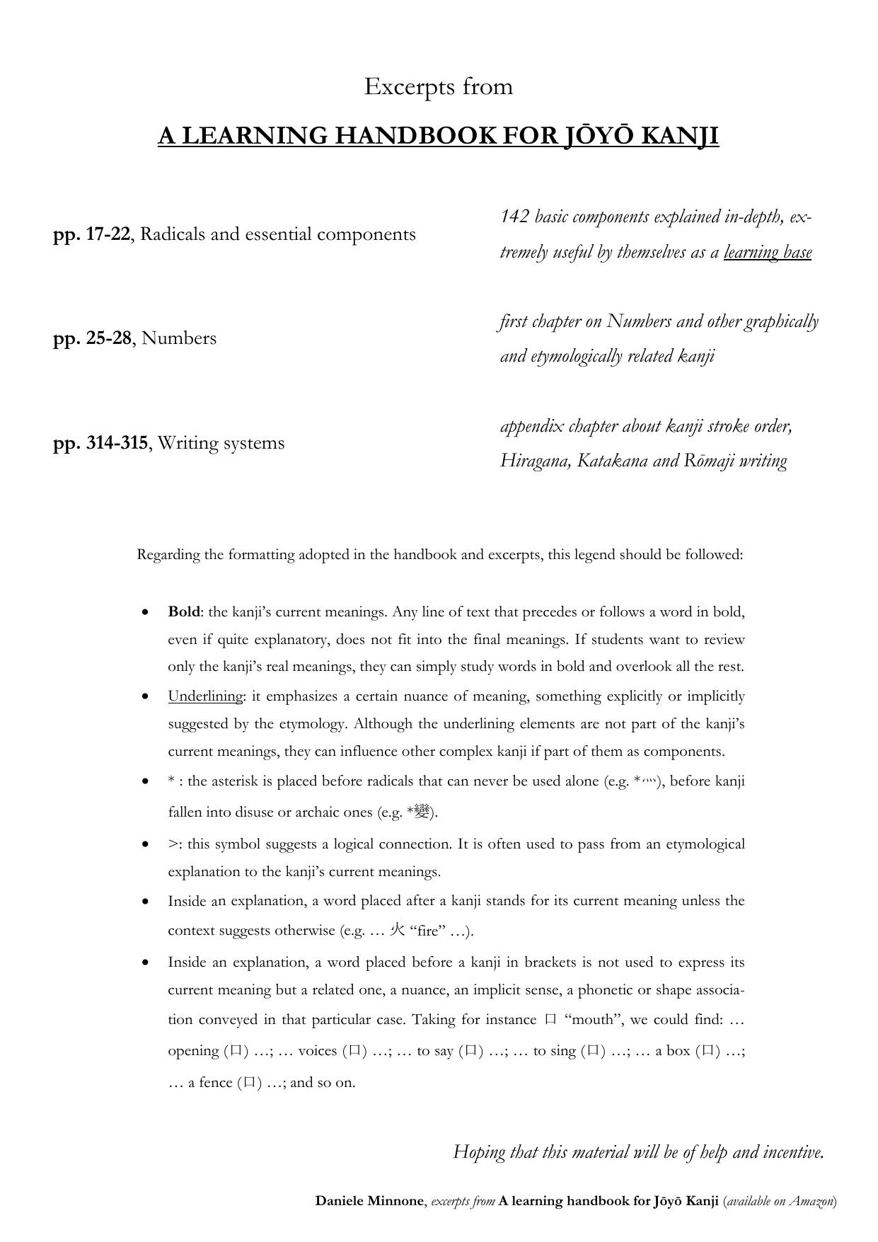 Excerpts from A Learning Handbook for Joyo Kanji: Japanese Radicals and essential components by Daniele Minnone