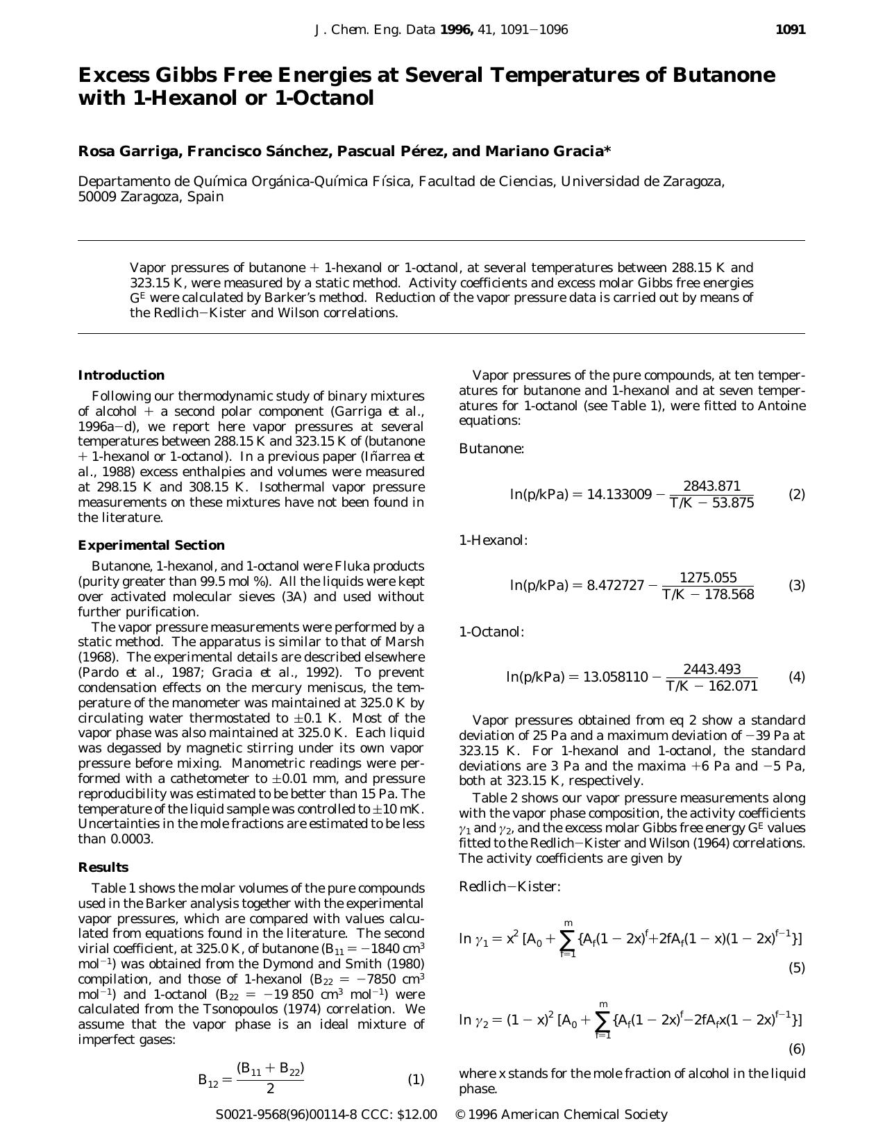 Excess Gibbs Free Energies at Several Temperatures of Butanone with 1-Hexanol or 1-Octanol by Rosa Garriga Francisco Sanchez Pascual Perez and Mariano Gracia*