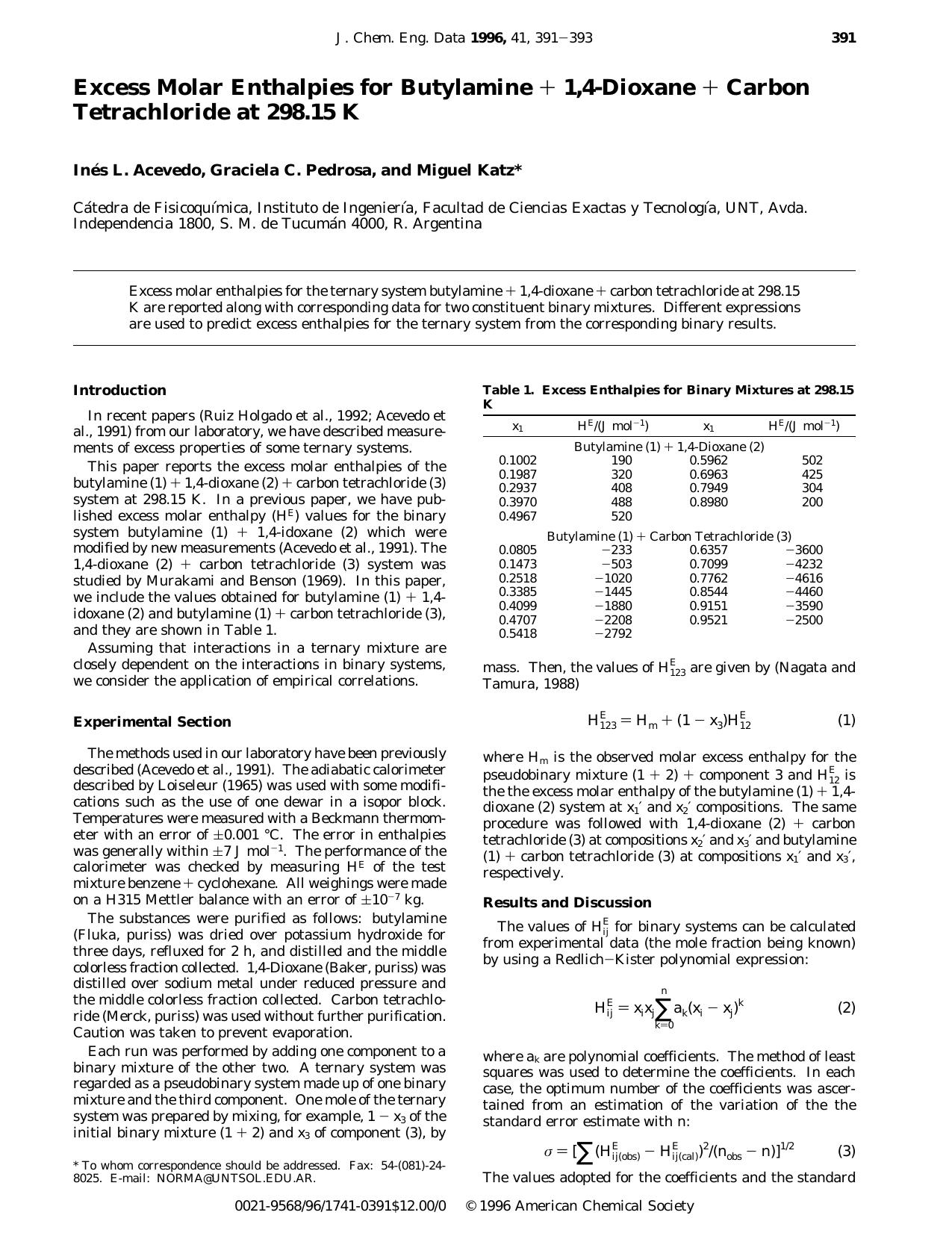 Excess Molar Enthalpies for Butylamine + 1,4-Dioxane + Carbon Tetrachloride at 298.15 K by Ines L. Acevedo Graciela C. Pedrosa and Miguel Katz*