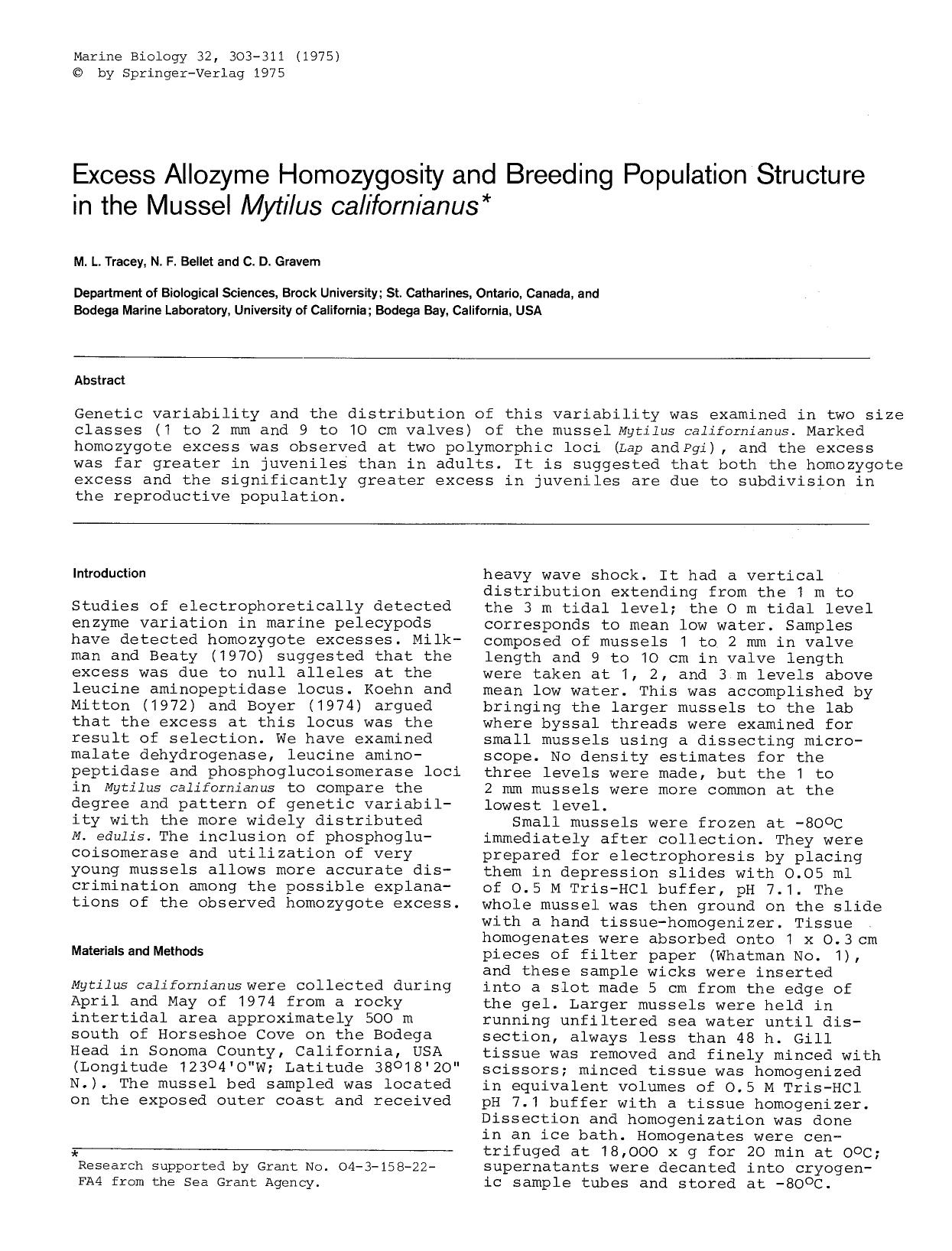 Excess allozyme homozygosity and breeding population structure in the Mussel <Emphasis Type="Italic">Mytilus californianus<Emphasis> by Unknown