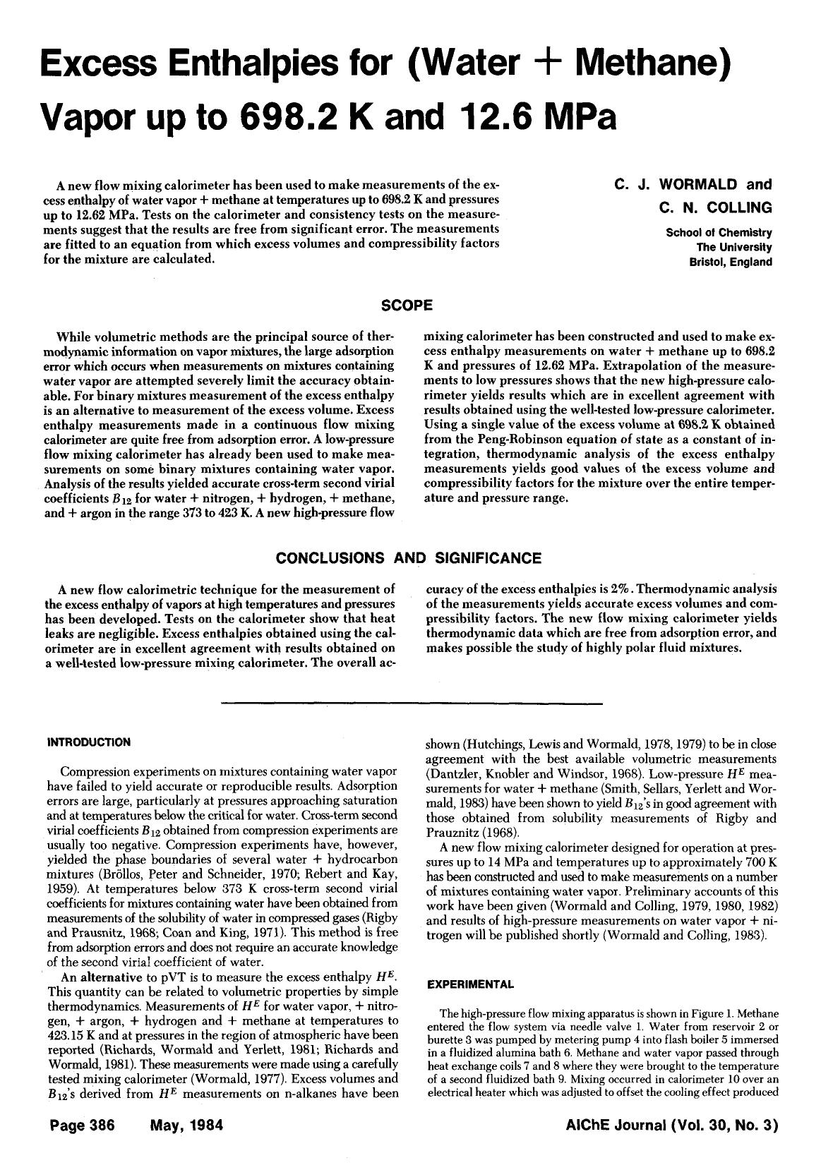 Excess enthalpies for (water + methane) vapor up to 698.2 K and 12.6 MPa by Unknown