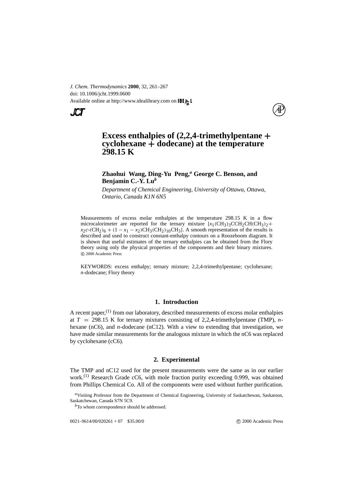 Excess enthalpies of (2,2,4-trimethylpentane + cyclohexane + dodecane) at the temperature 298.15 K by Z. Wang et al