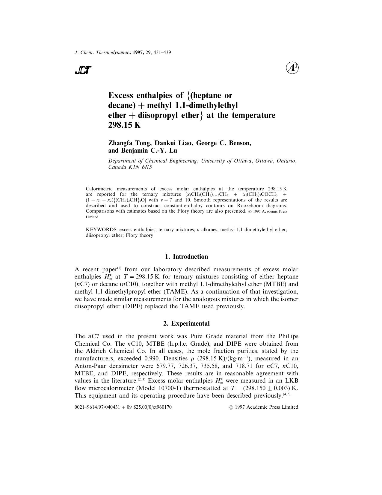 Excess enthalpies of {(heptane or decane)+methyl 1,1-dimethylethyl ether+diisopropyl ether} at the temperature 298.15 K by Tong Z. et al