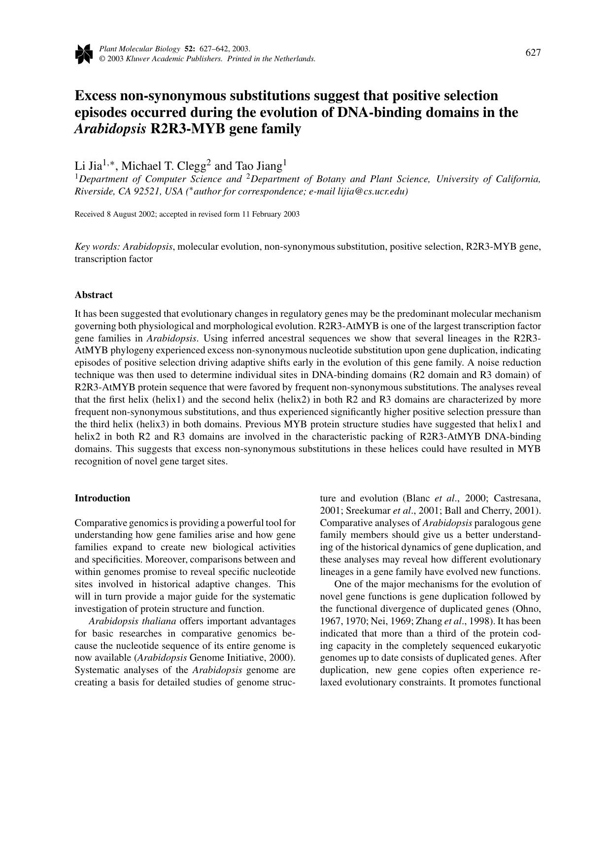 Excess non-synonymous substitutions suggest that positive selection episodes occurred during the evolution of DNA-binding domains in the <Emphasis Type="Italic">Arabidopsis<Emphasi by Unknown