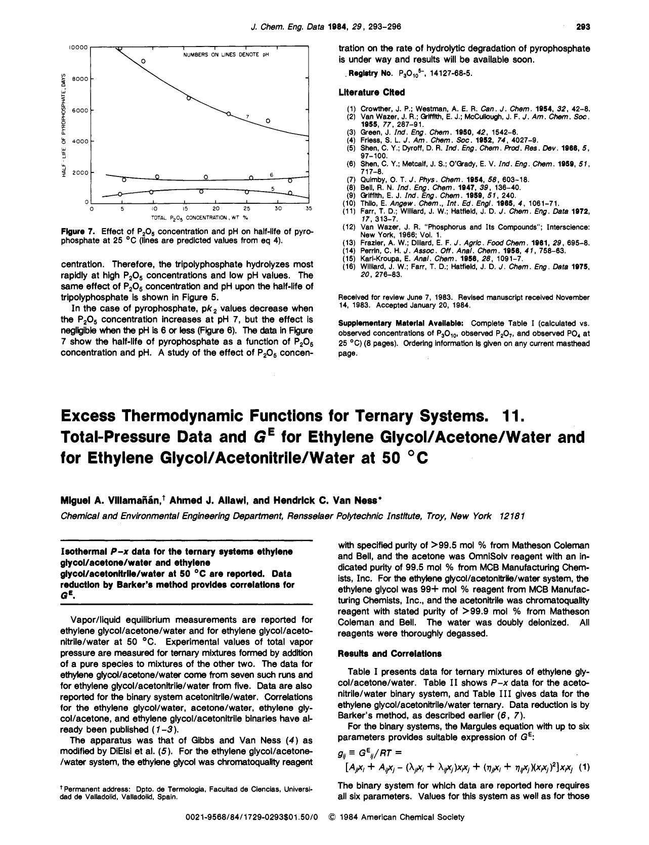 Excess thermodynamic functions for ternary systems. 11. Total-pressure data and GE for ethylene glycolacetonewater and for ethylene glycolacetonitrilewater at 50.degree.C by Miguel A. Villamanan Ahmed J. Allawi Hendrick C. Van Ness